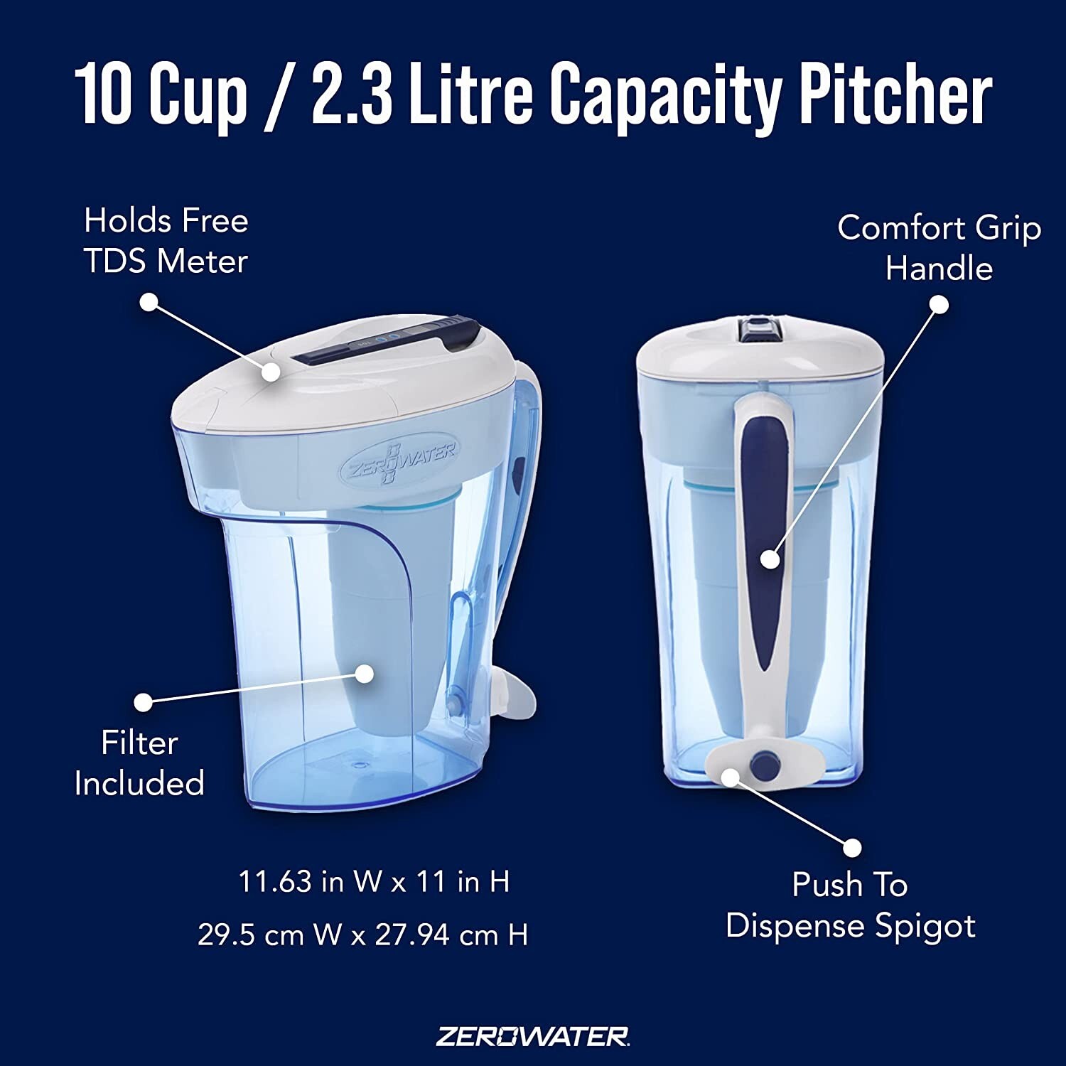 ZeroWater ZP-010 10 Cup 5-Stage Water Filter Pitcher NSF Certified, Blue & White