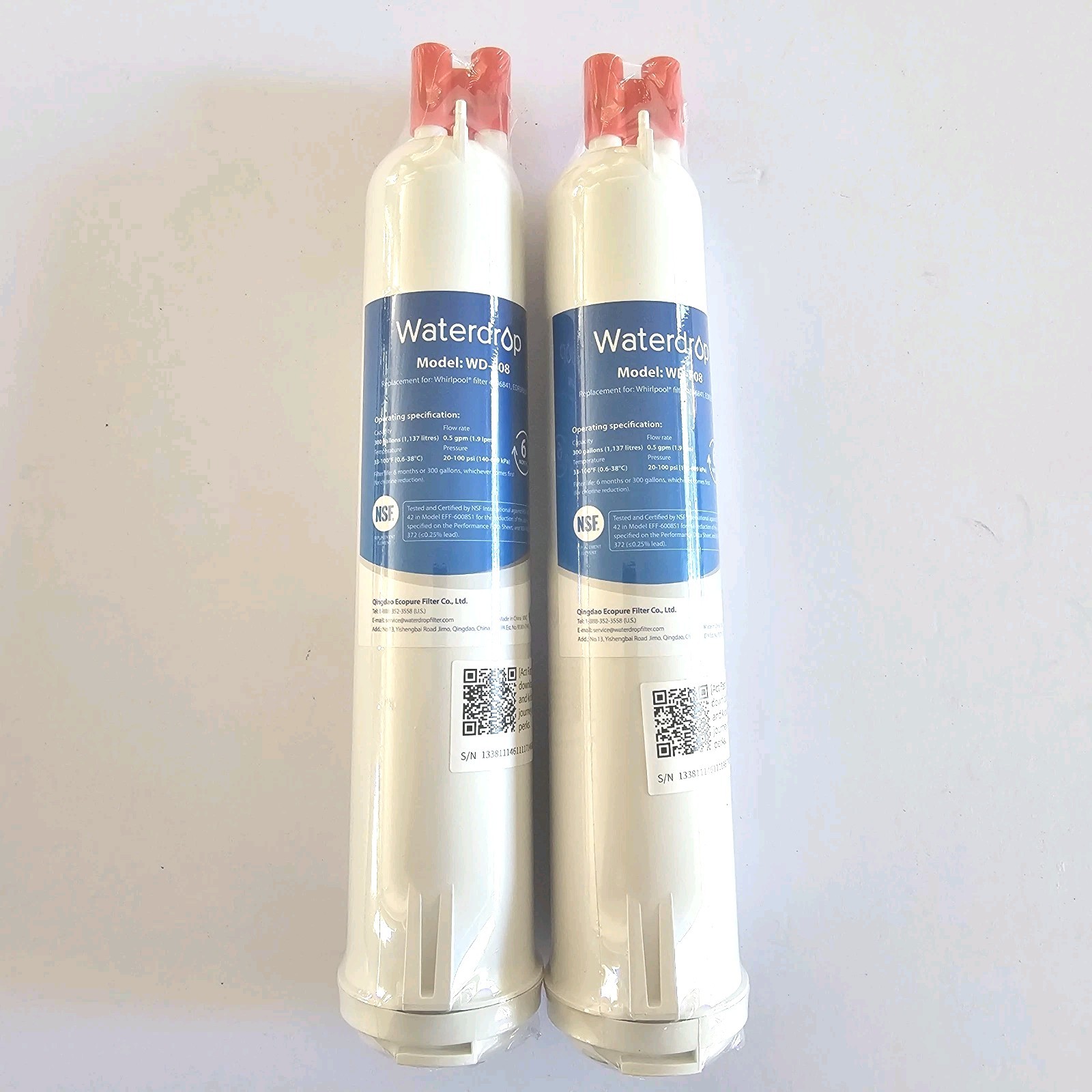 2 Refrigerator Water Filters WD-F08 Waterdrop New Sealed Whirlpool