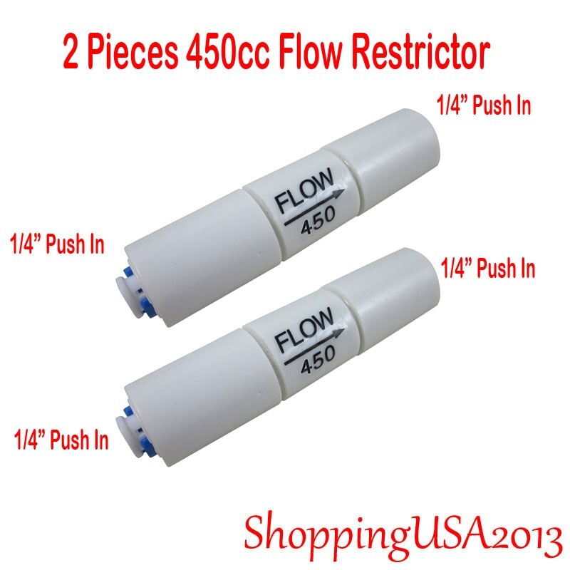 2 Pcs 450cc 1/4 Flow Restrictor Push In Quick Connect Unter Sink RO Water Filter
