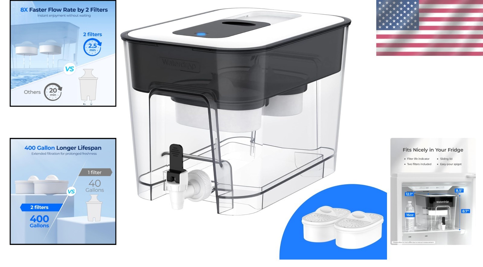 Innovative 40-Cup Water Purifier with 2 Built-In Filters – 400 Gallon Lifespan