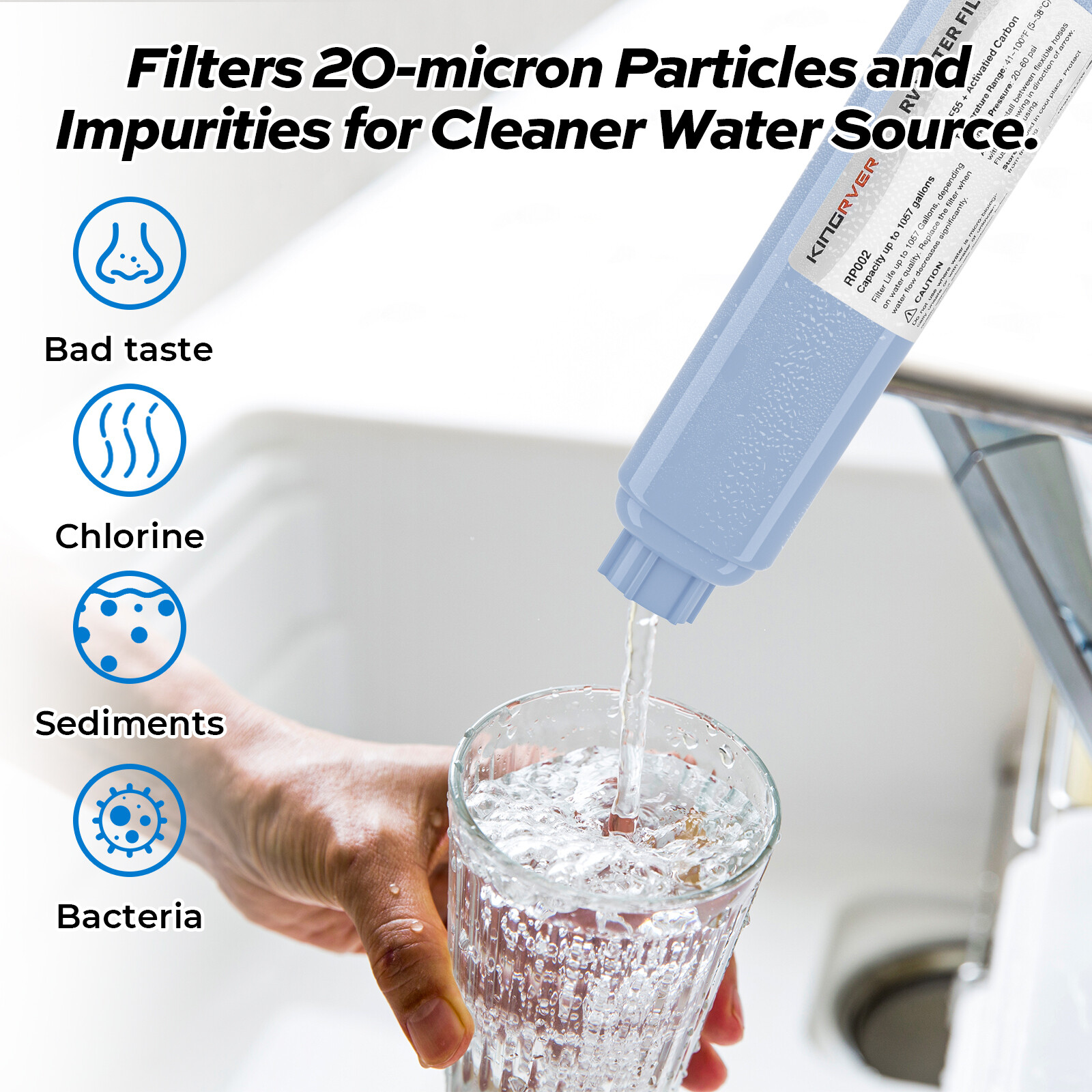 RV Water Filter w/ Flexible Hose Protector GAC & KDF Filtration for Fresh Drink