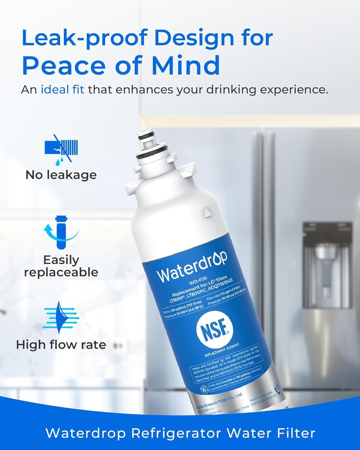 Fit LG® LT800P® Refrigerator Water Filter, ADQ73613401 by Waterdrop, 2 Packs