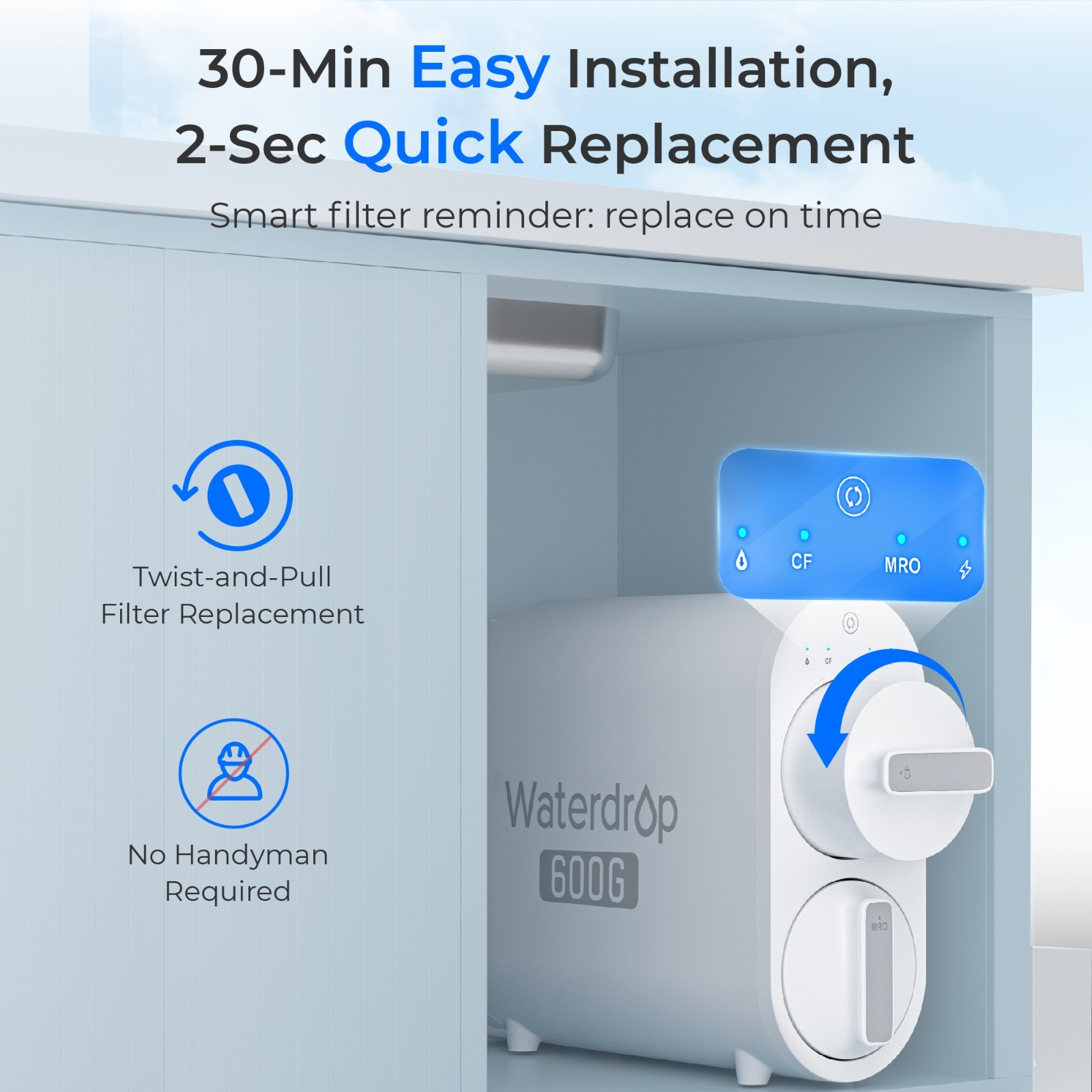 Waterdrop Tankless Reverse Osmosis Water Filtration System, 600 GPD, Smart Panel