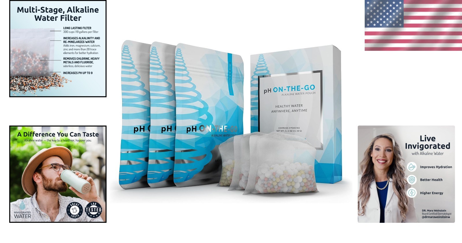 pH ON-The-GO Portable Alkaline Water Filter Pouch – 3-Pack, 98L Capacity