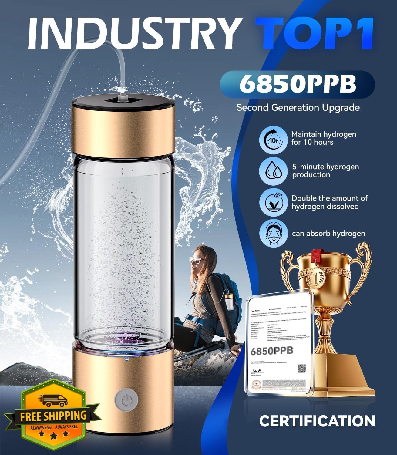 MSDQQTIY Hydrogen Water Bottle Gold SPE PEM