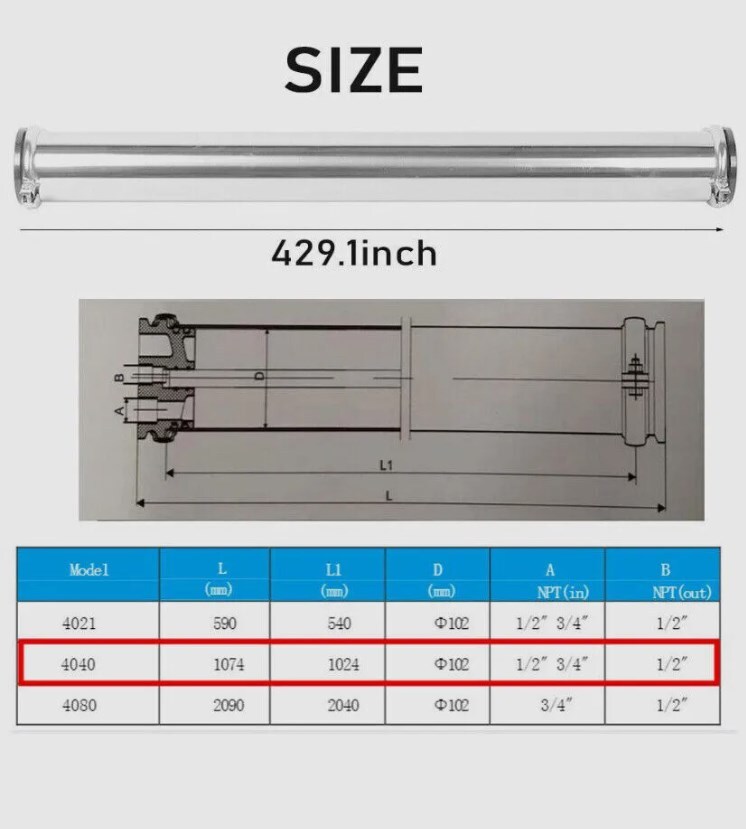 Reverse Osmosis 304 Stainless Steel Pressure Vessel 4″x40″ Membrane Housing