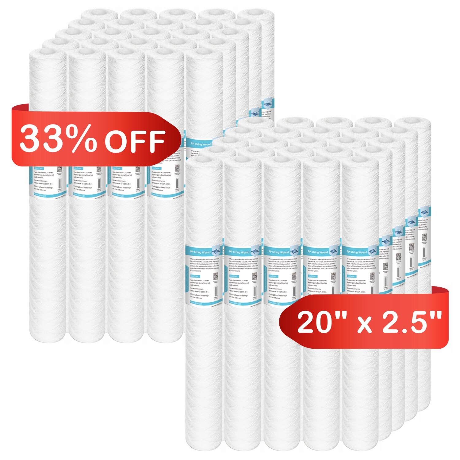 50 Pack 1/5/10/20 Micron 20″x2.5″ Whole House String Wound Sediment Water Filter