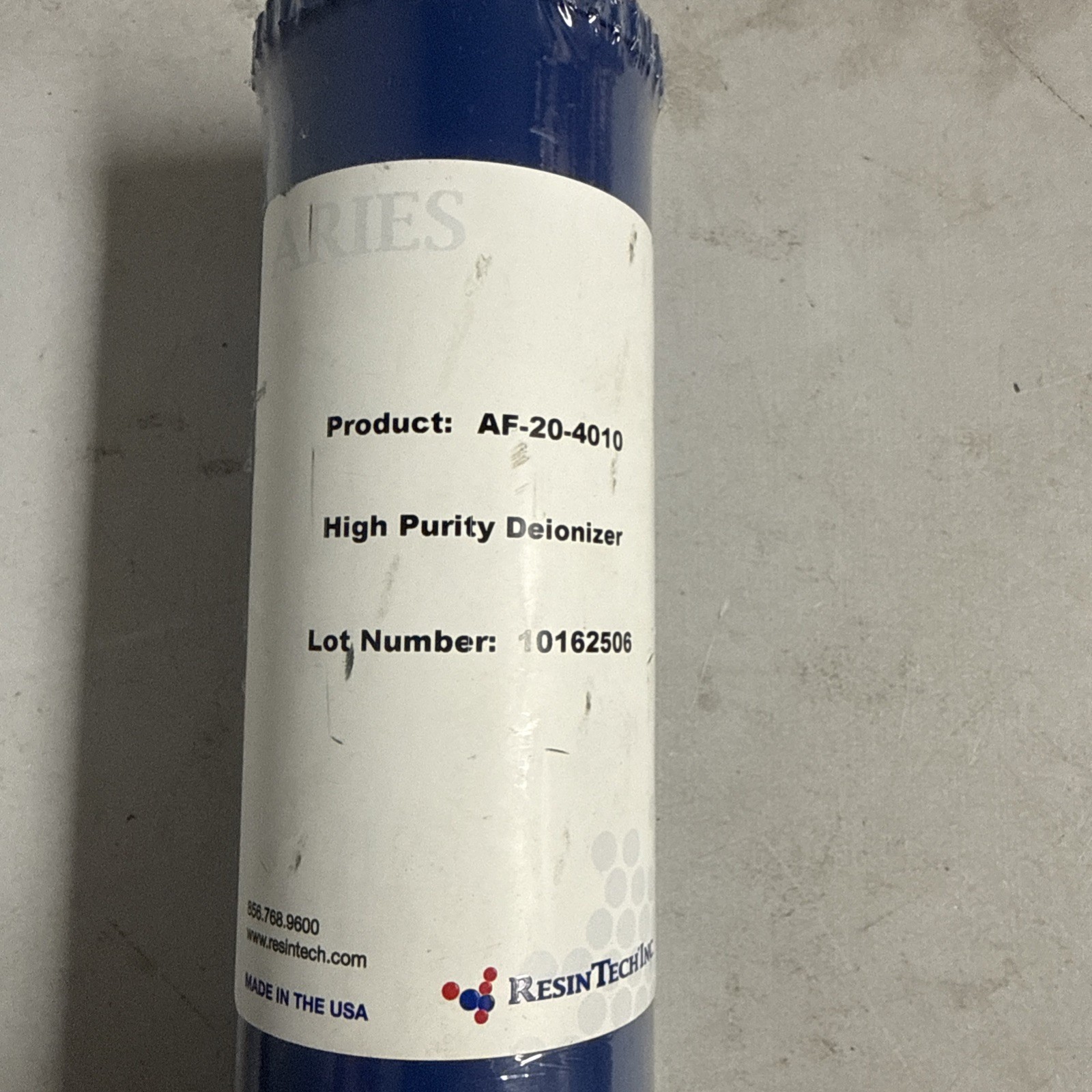 RESINTECH AF-20-4010 DI High Purity Deionizer Cartridge, 2.5 x 20 in. BLUE, NEW