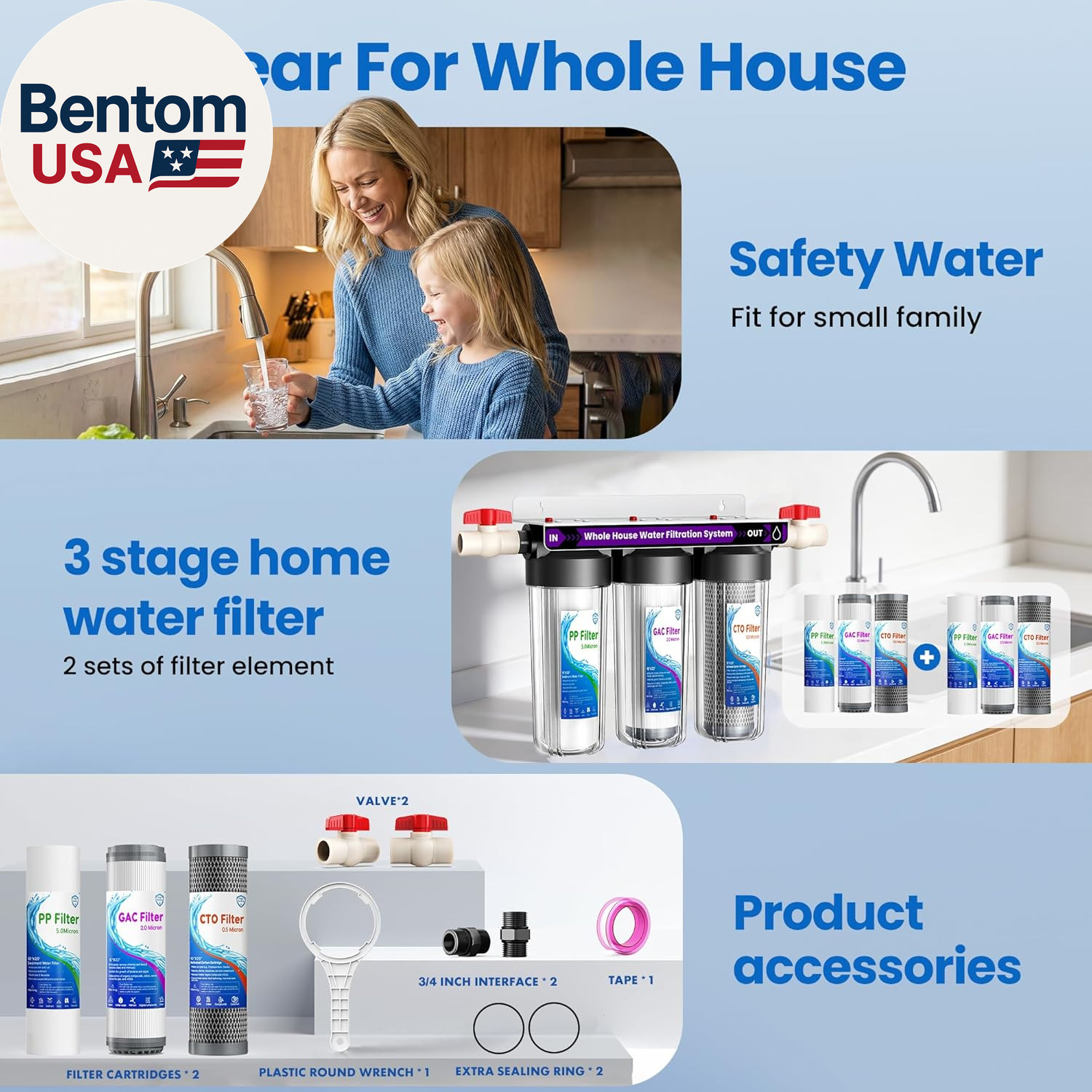 Whole House Water Filter System, 3-Stage Home Water Filtration System, Extra 2 S