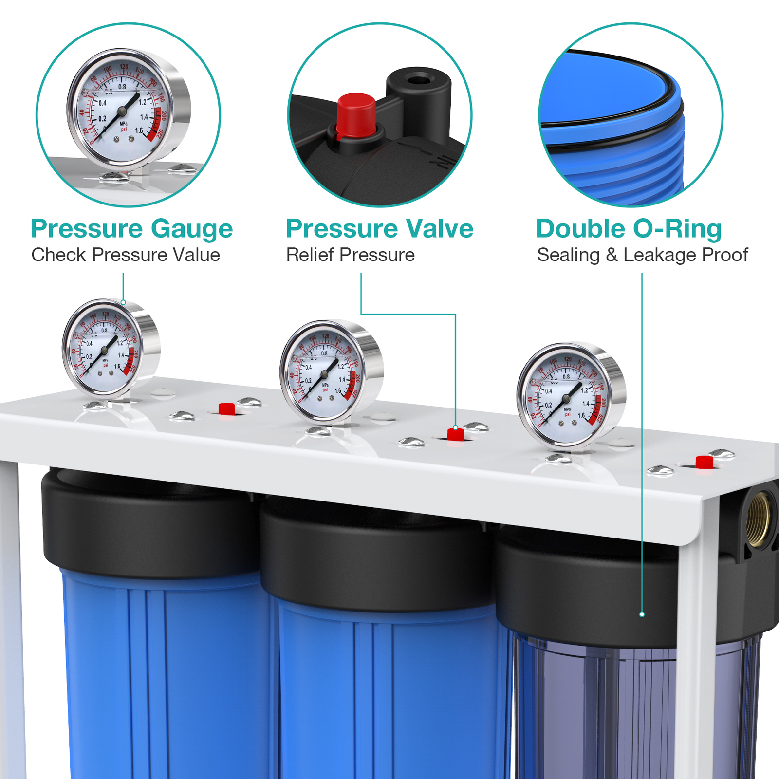 20×4.5″ 3-Stage Whole House Water Filter System 5μm Big Blue Housing 150,000 gal