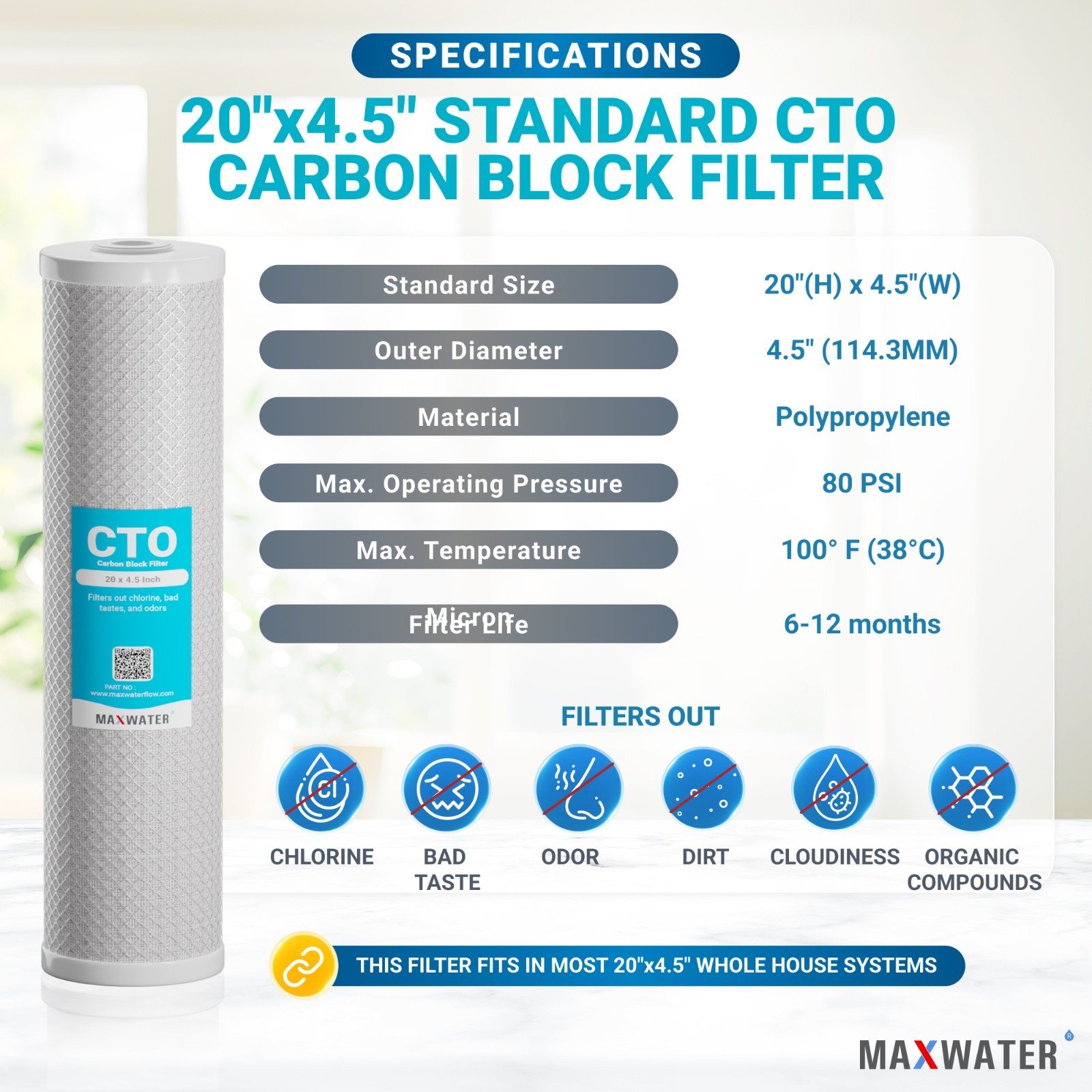 4 pcs Big Blue CTO Carbon Block Water Filters 20″ x4.5 Whole House Cartridges