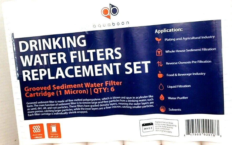 AquaBoon 10″ x2.5″ Grooved Sediment Qty 6 Water Filter 1 Micron Cartridge NIP