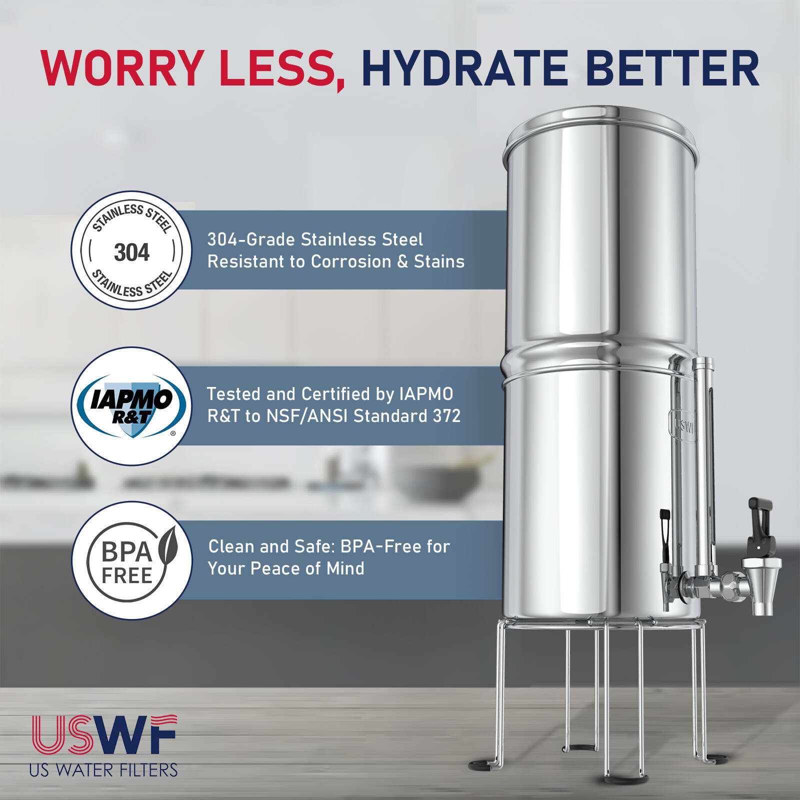 USWF Gravity Fed 2.25 Gal. Stainless Steel Water Filtration System