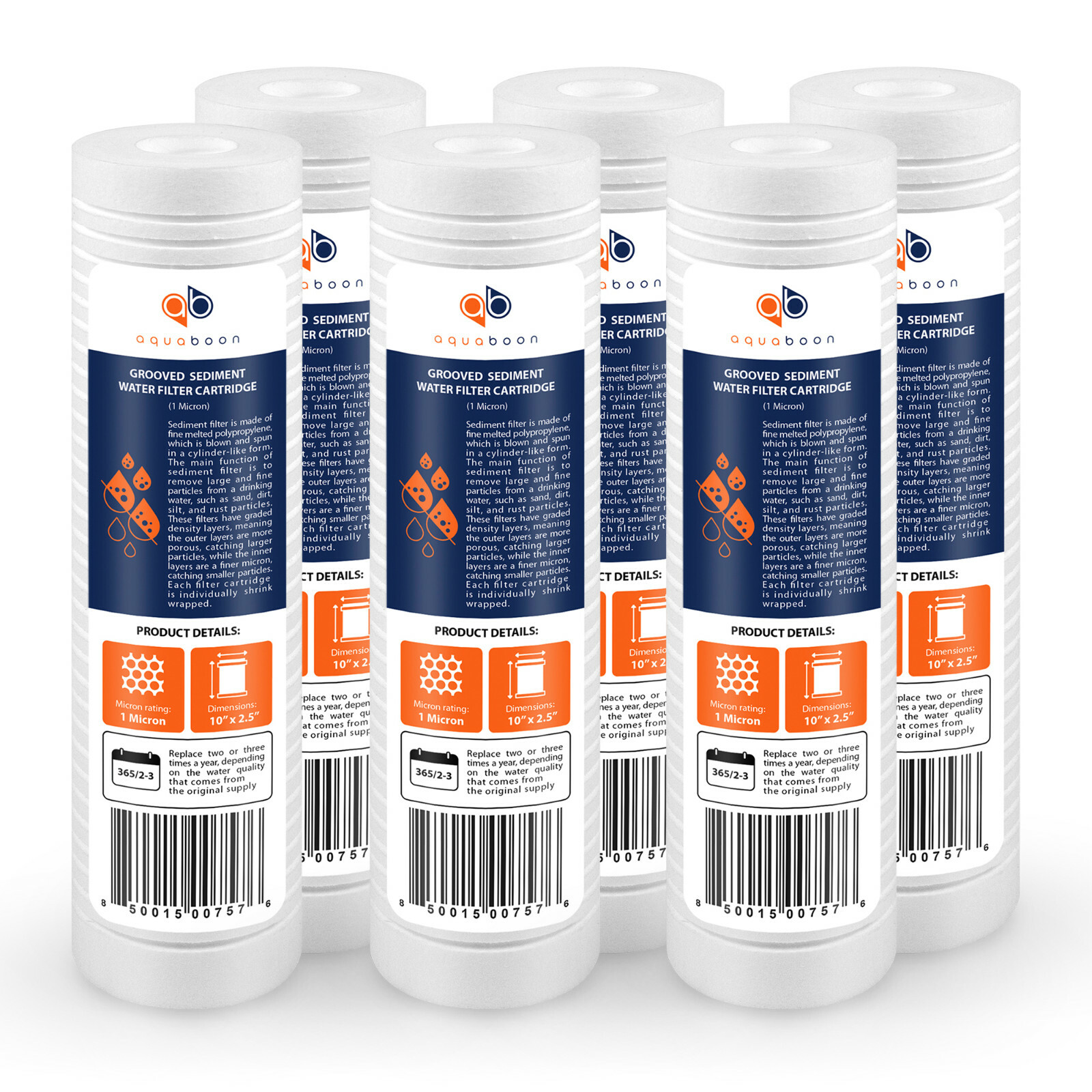 Grooved Sediment Water Filter 1 Micron 10″ x 2.5″ size 6 PACK by Aquaboon
