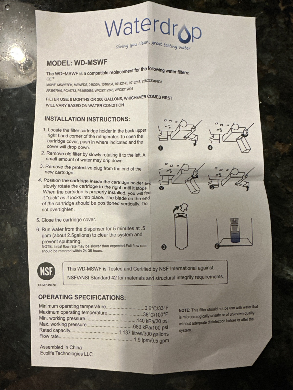 NEW Sealed WATERDROP REPLACEMENT WATER FILTER WD-MSWF GE Refrigerator