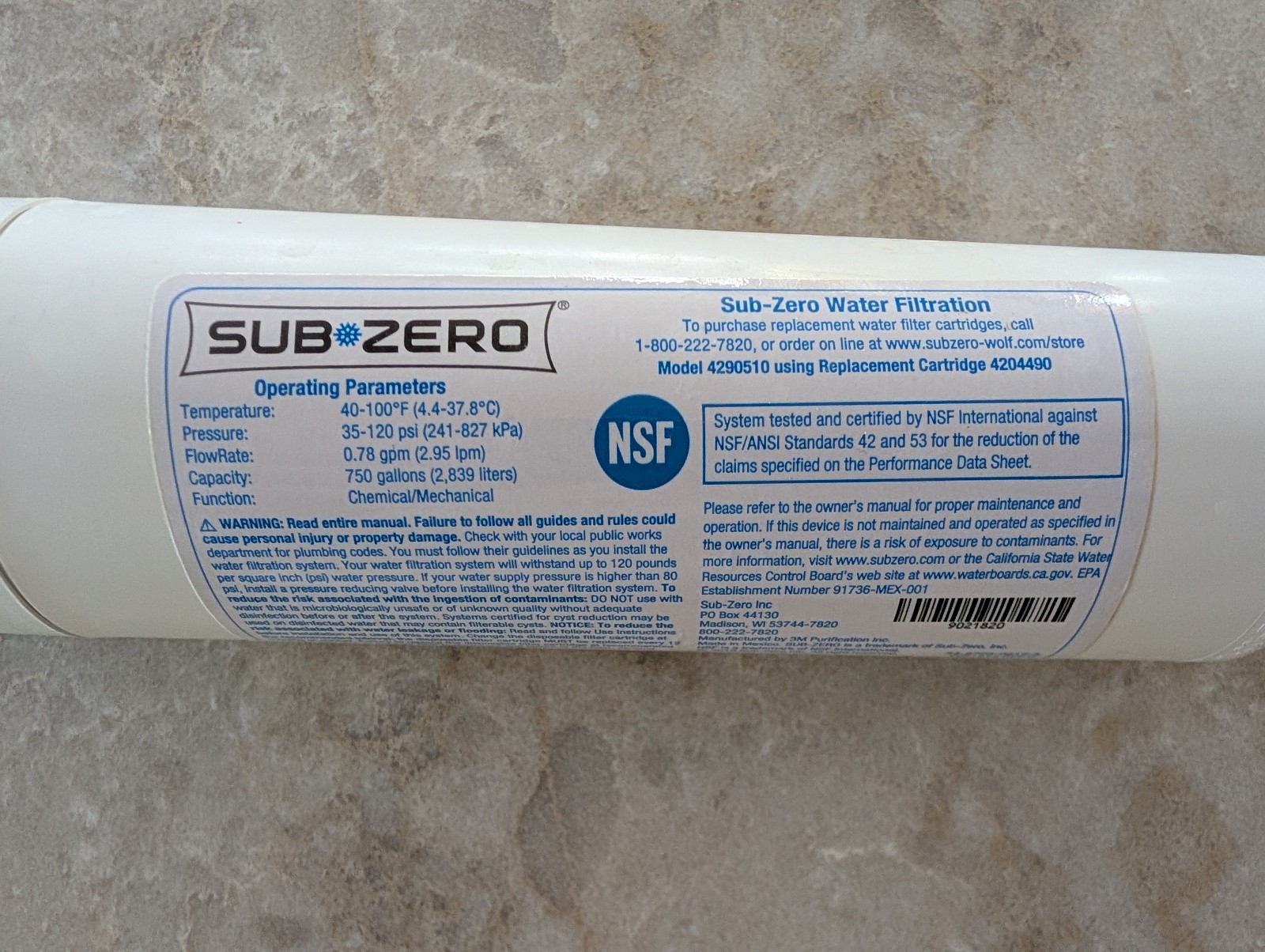 Genuine SubZero OEM Water Filter Replacement Cartridge 4290510 4204490