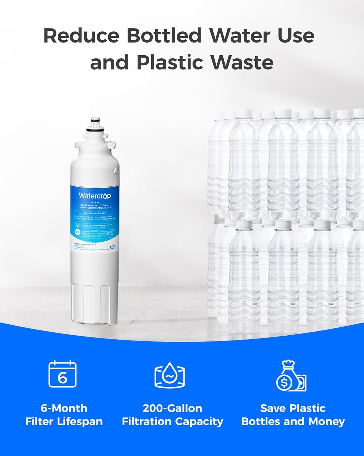 Waterdrop Refrigerator Water Filter, Replacement for LG® LT800P®, Pack of 6