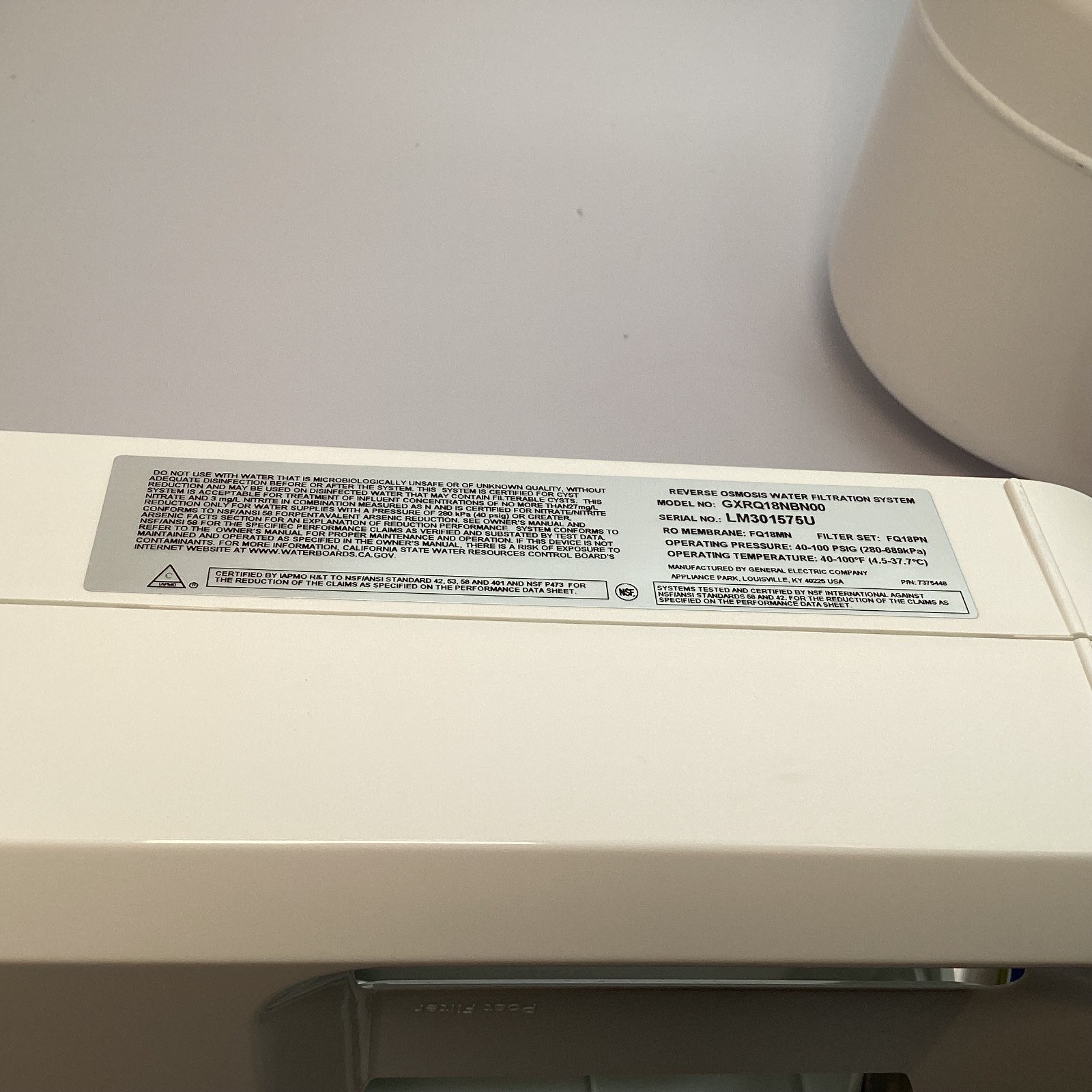 GE Appliances GXRQ18NBN Reverse Osmosis Under Sink Water Filtration System