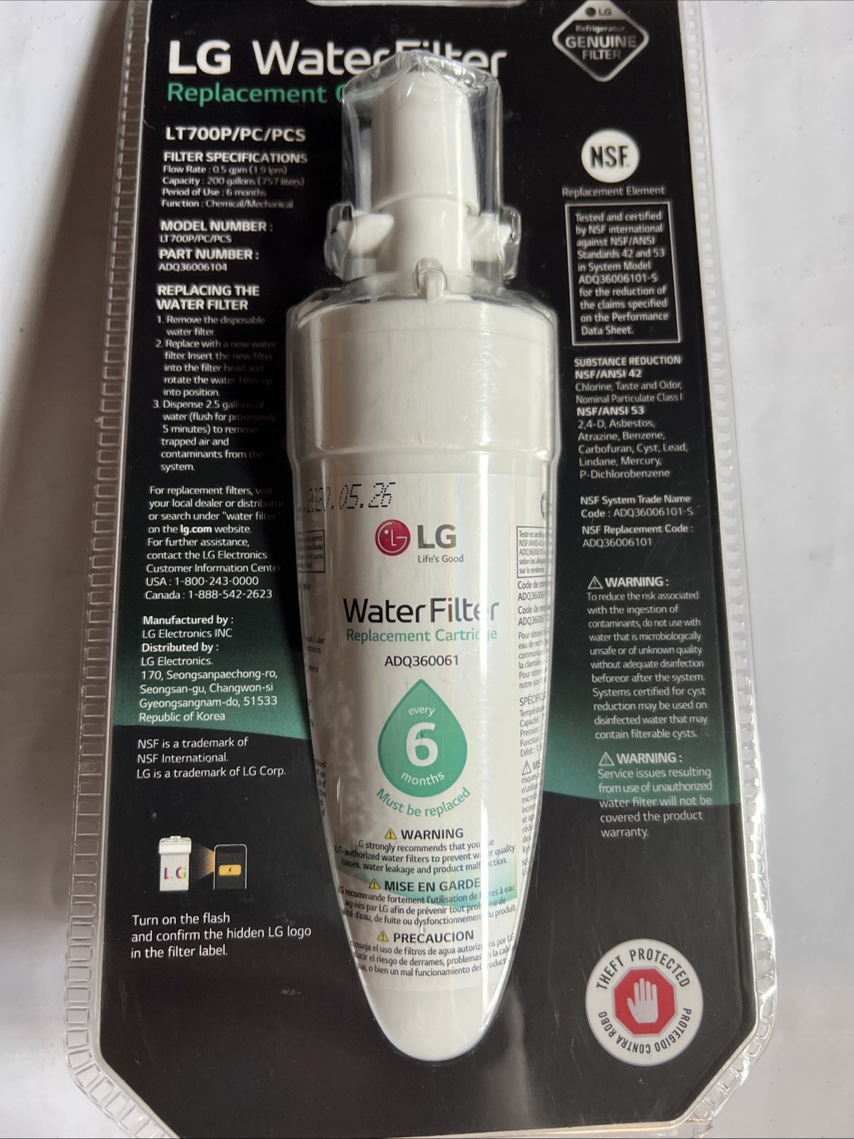 Genuine OEM LG LT700P Refrigerator Water Filter ADQ36006101 ADQ36006104 NEW