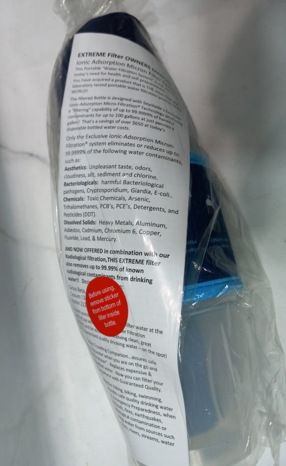 Seychelle Extreme 28 oz Flip Top Water Filter Bottle Radiological Ionic Micron