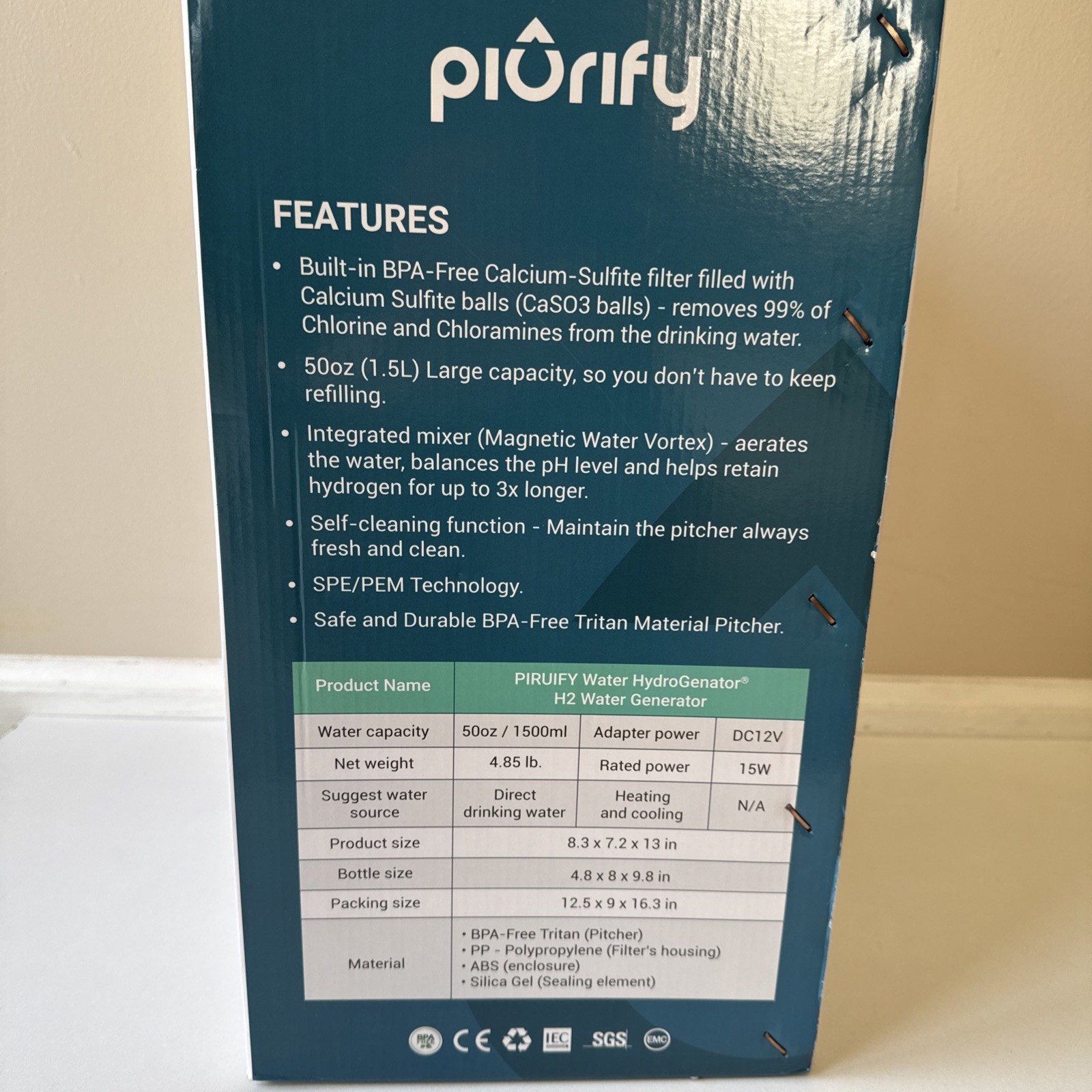 Piurify Hydrogenator Water Machine Pitcher Hydrogen Magnetic H2O Water BPA Free
