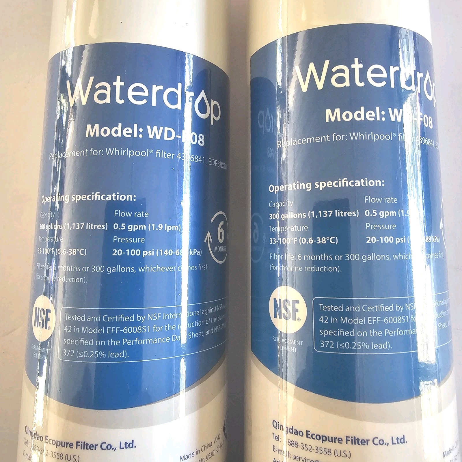 2 Refrigerator Water Filters WD-F08 Waterdrop New Sealed Whirlpool