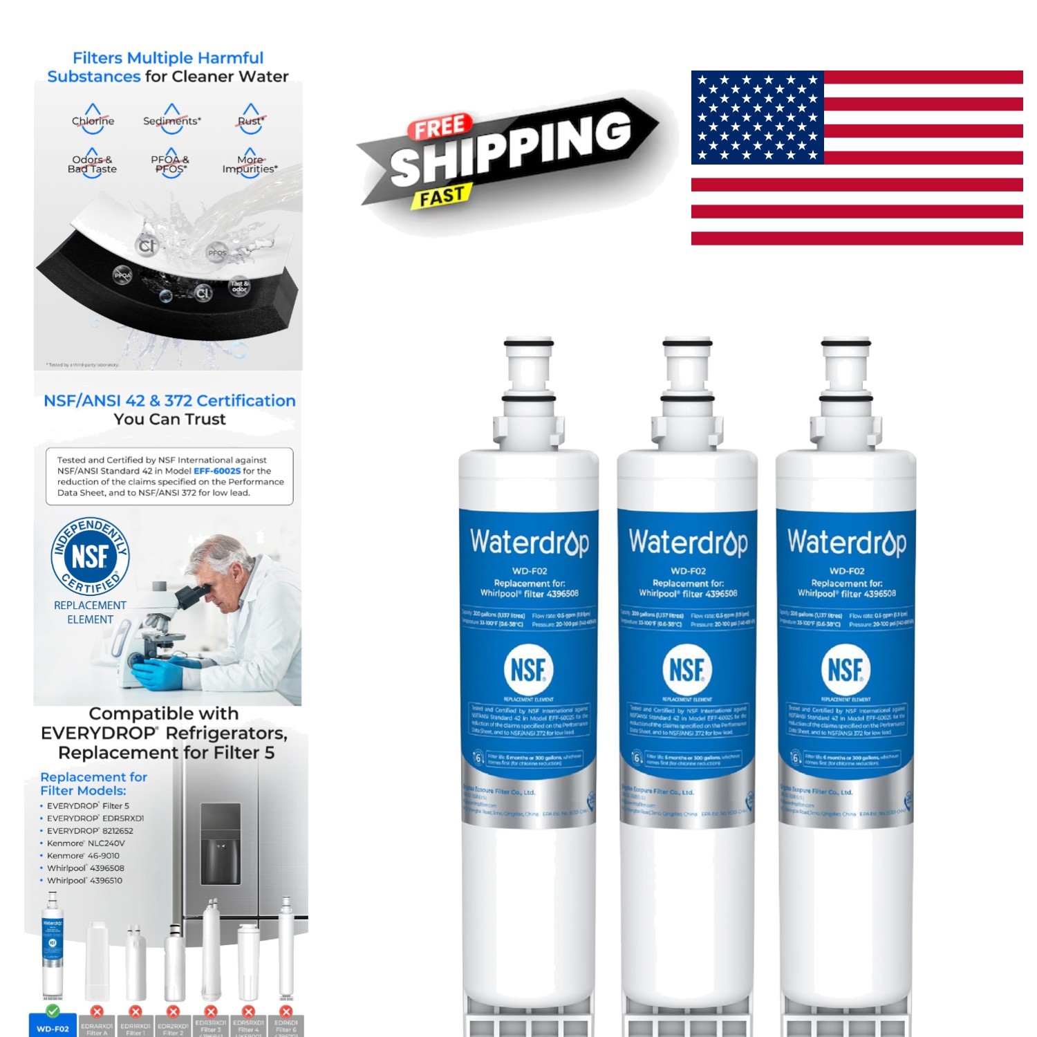 Refrigerator Water Filter 3 Pack Lead Free Material for Easy Installation