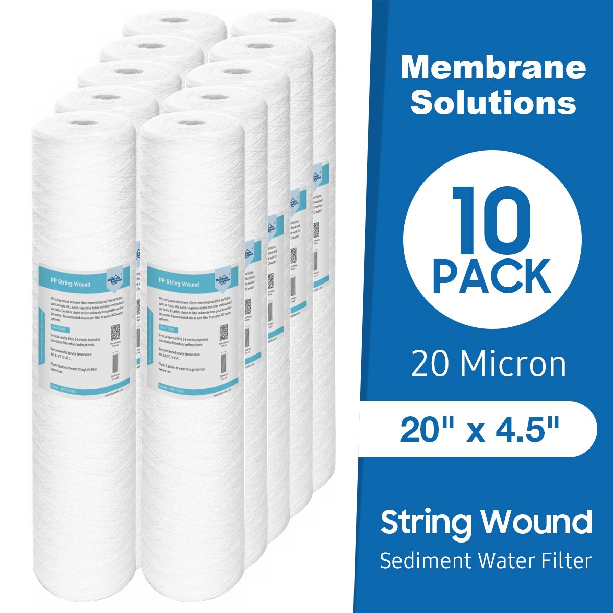 20 Micron 20″ x 4.5″ String Wound Sediment Water Filter Fit for Big Blue 10-Pack