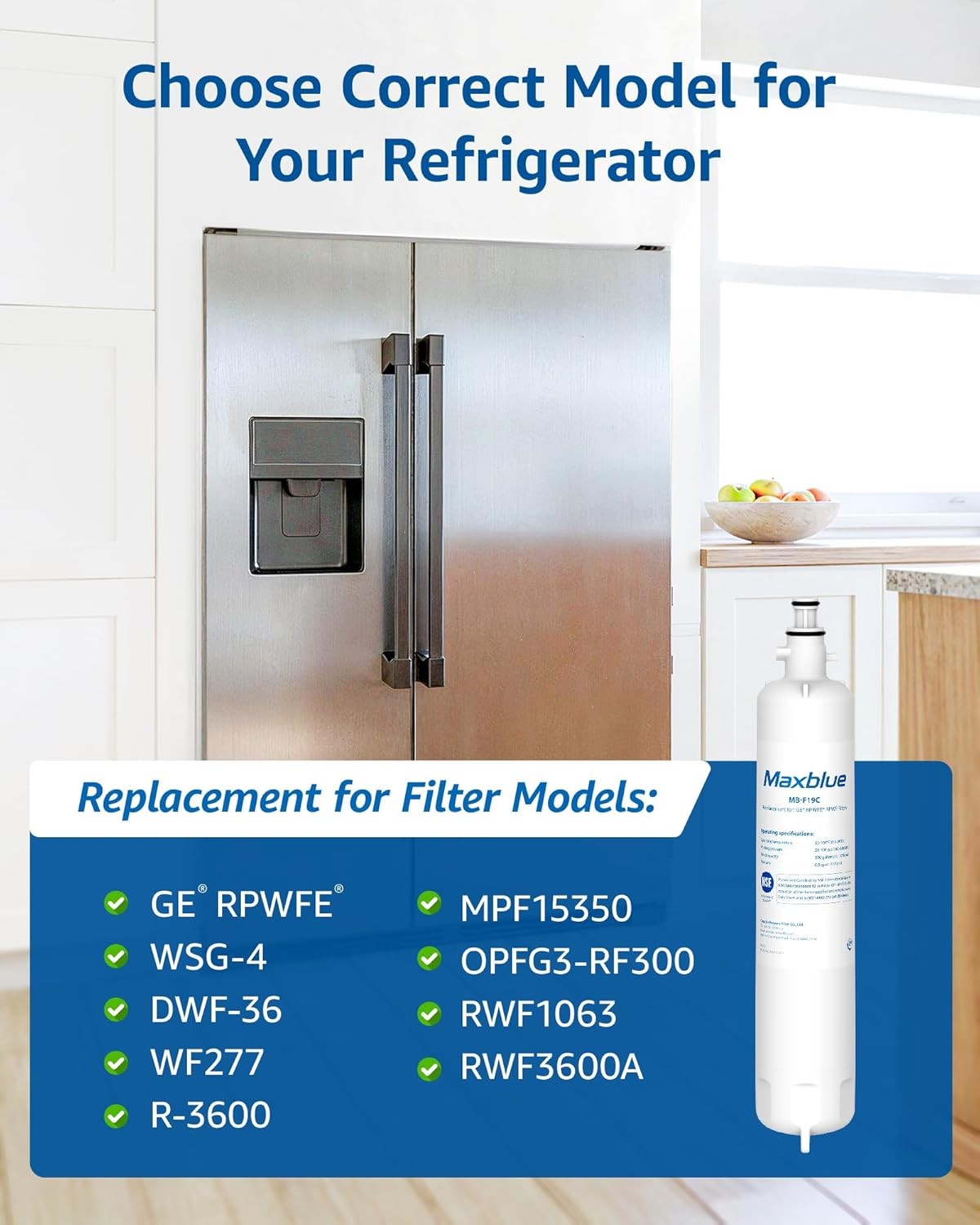 Maxblue Refrigerator Water Filter, Replacement for GE® RPWFE(with CHIP) 1-6 Pack