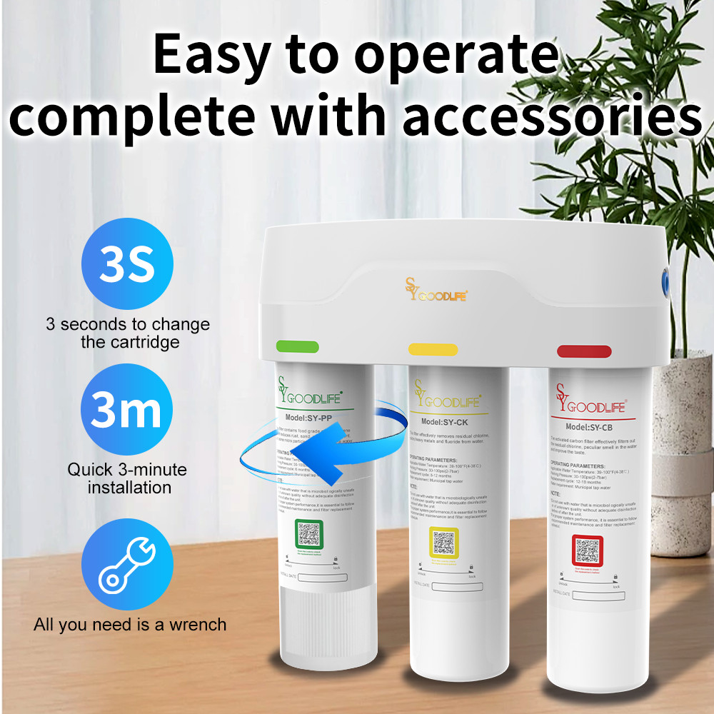 SYGOODLIFE 3-Stage Under Sink Water Filter System Reduces Fluoride,Chlorine，scal