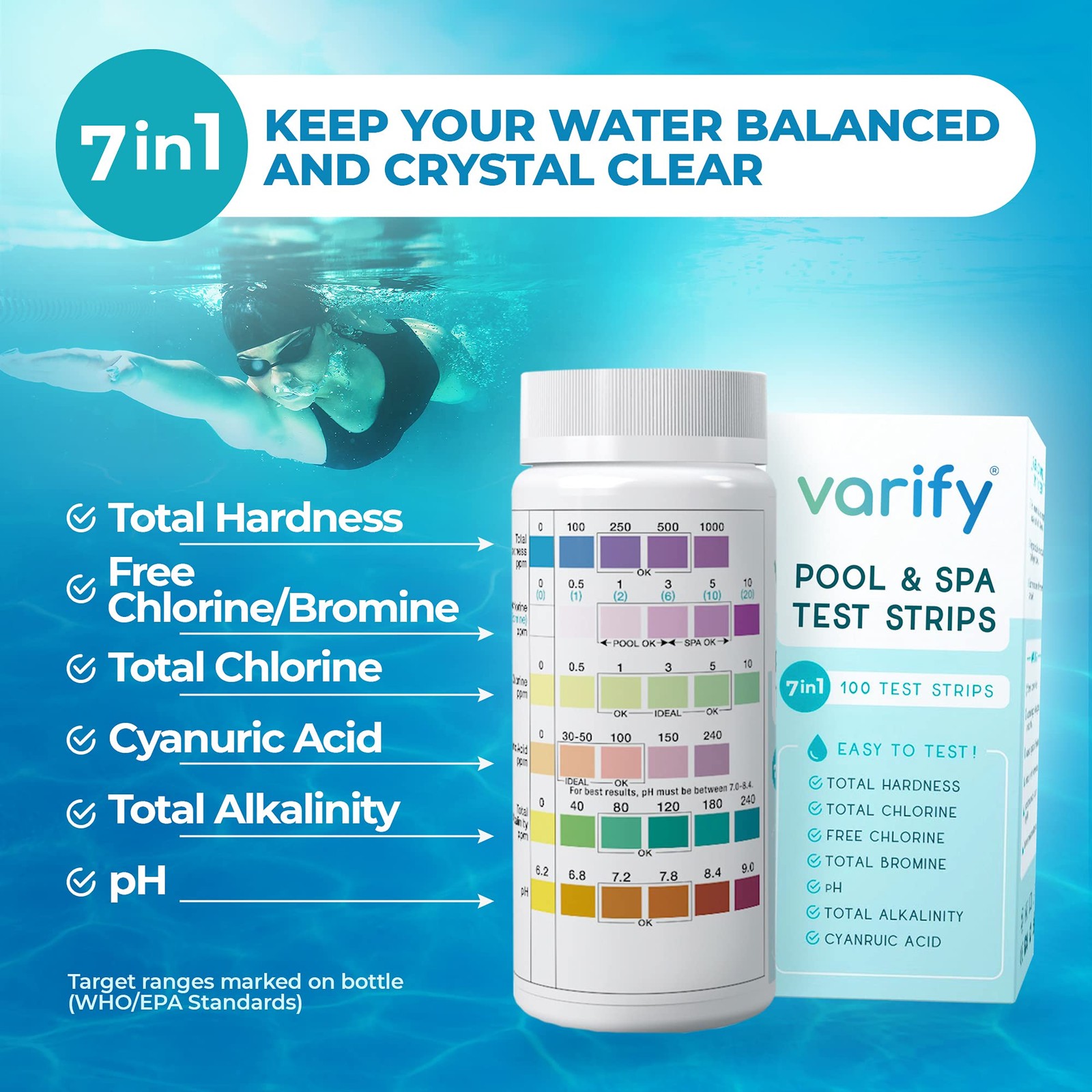 Varify 7 in 1 Pool and Spa Test Strips- Easy to Use Water Testing Kit for…