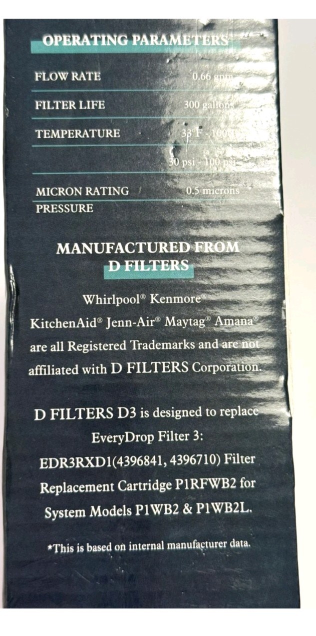 D3 Refrigerator Replacement Filter D3 New & Sealed EDR3RXD1