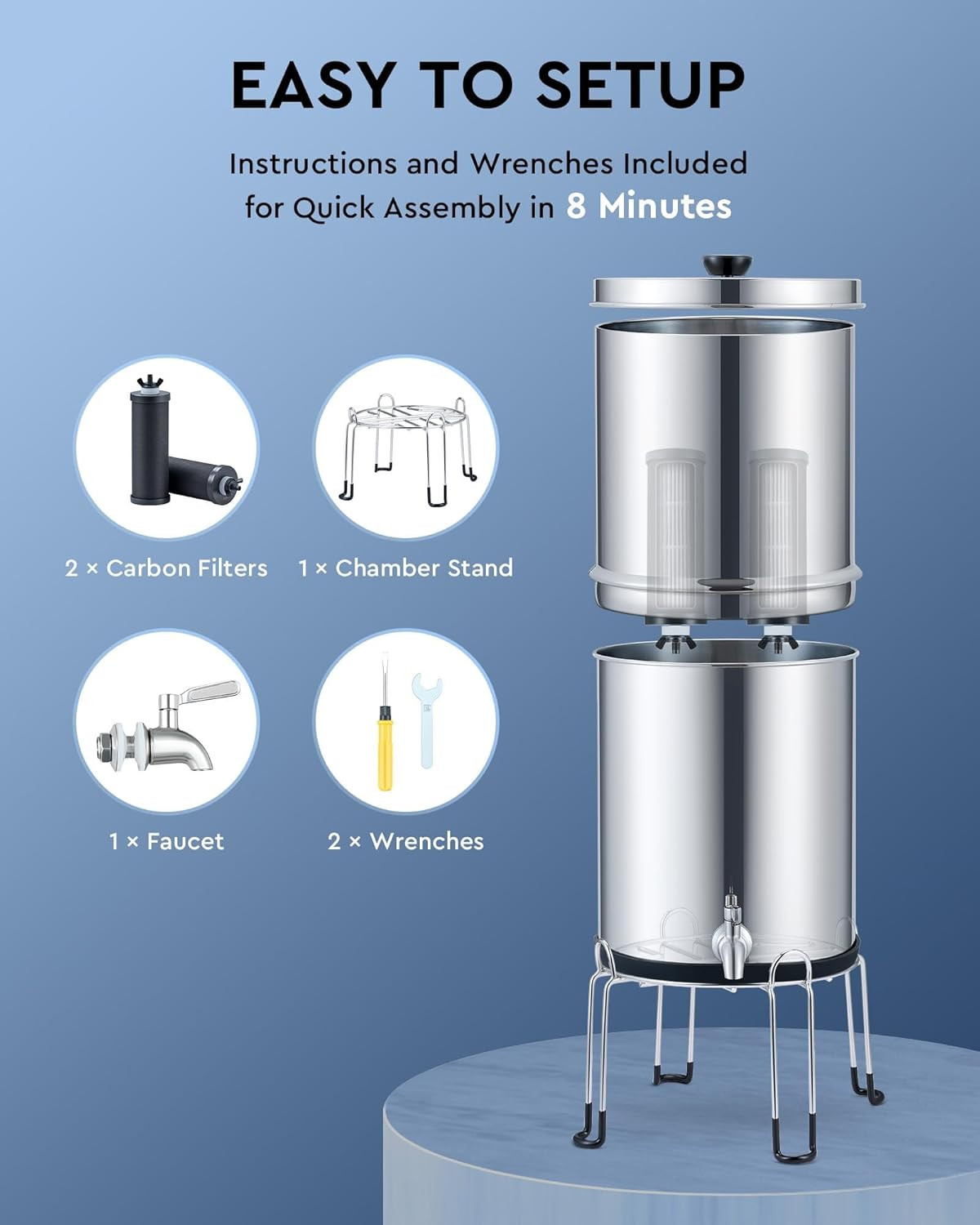 Stainless Steel Gravity Water Filter System with 2 Carbon Filters, 2.25 Gal