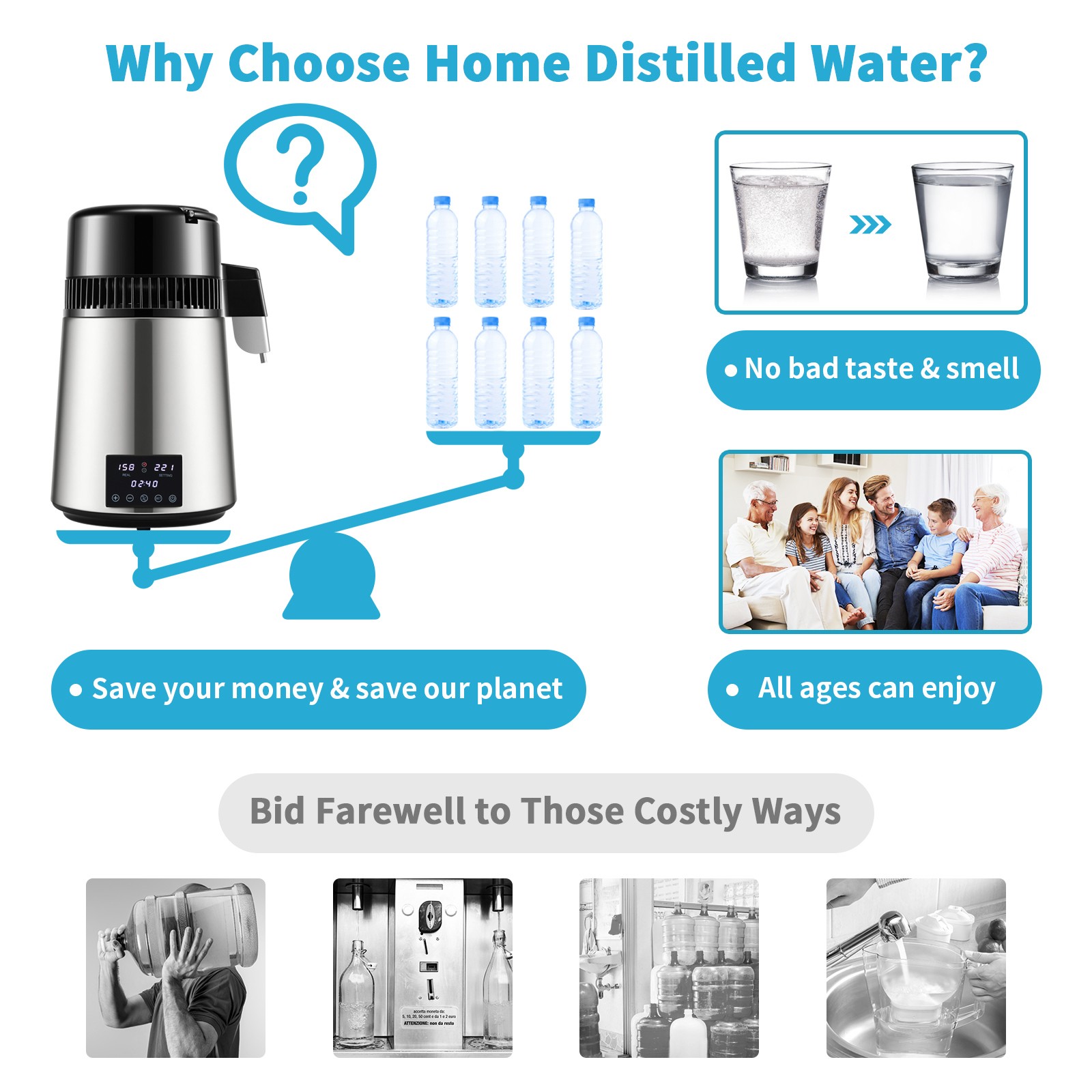 Uimoso 4L Water Distiller with Timing and Dual-Temperature Control, Silver