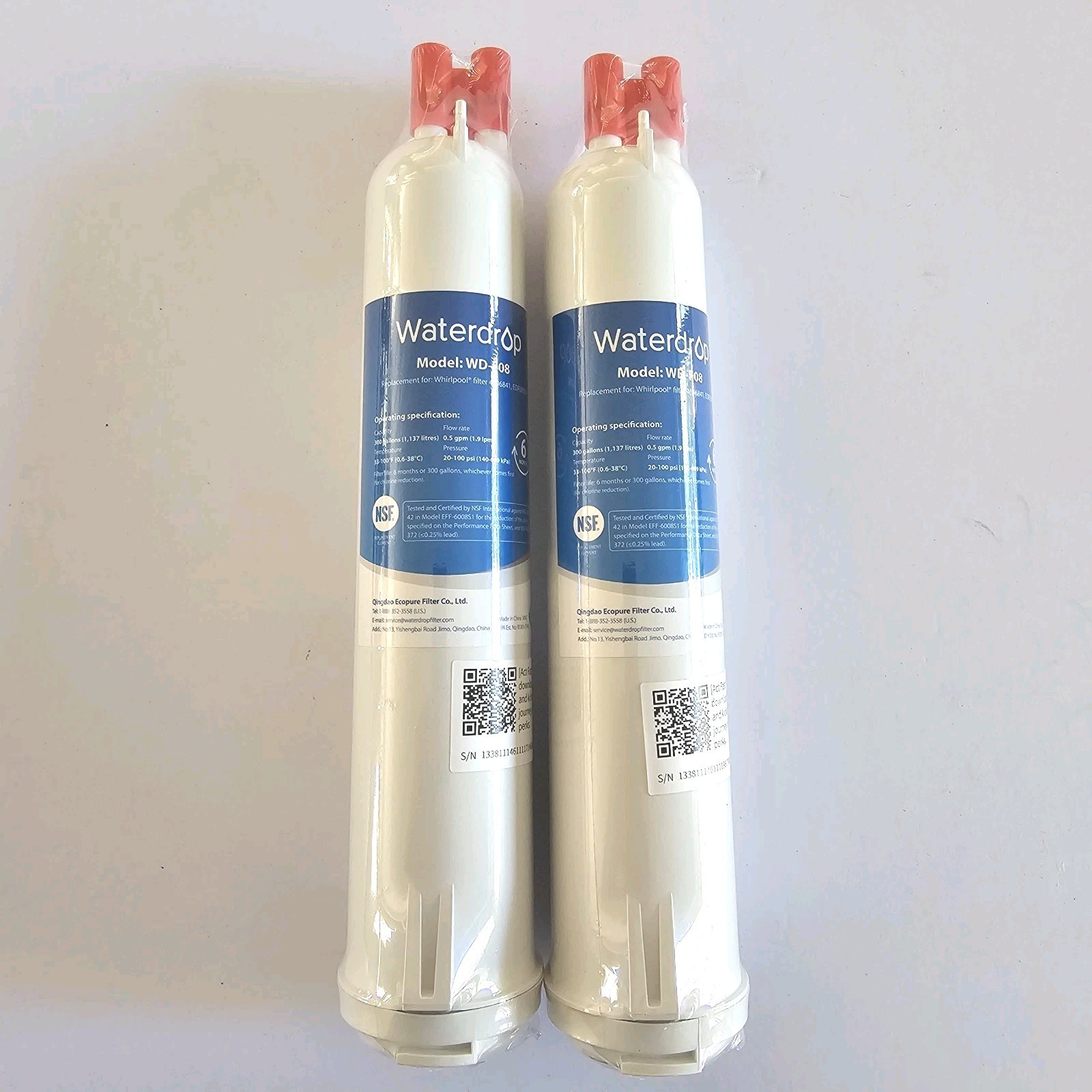 2 Refrigerator Water Filters WD-F08 Waterdrop New Sealed Whirlpool