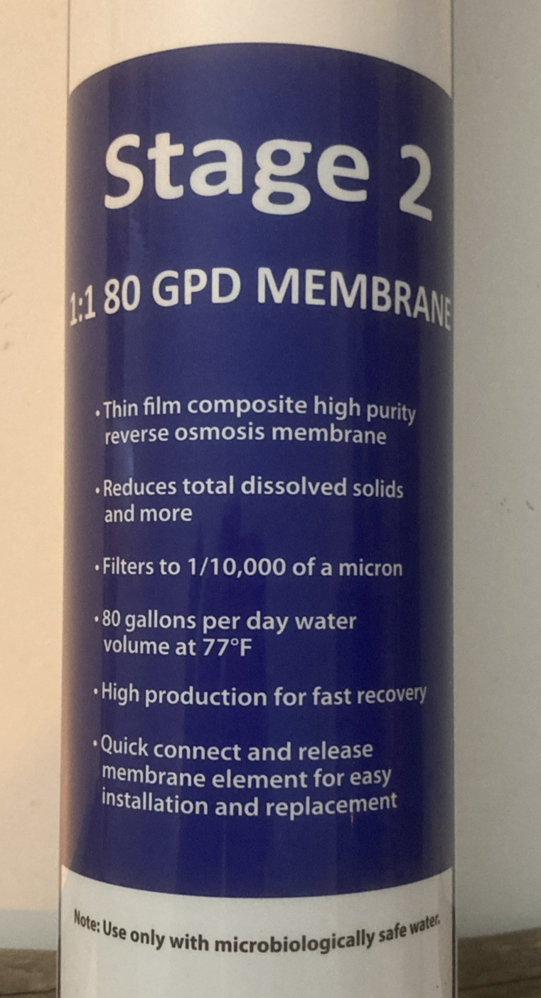 Pure Blue H20 Stage 2 1:1 80 GPD Membrane for 3-Stage Reverse Osmosis System