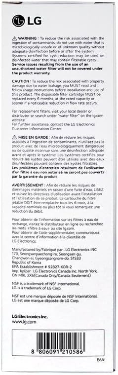 LG Refrigerator Water Filter 6 Month Capacity NSF42 NSF53 NSF401 Replacement