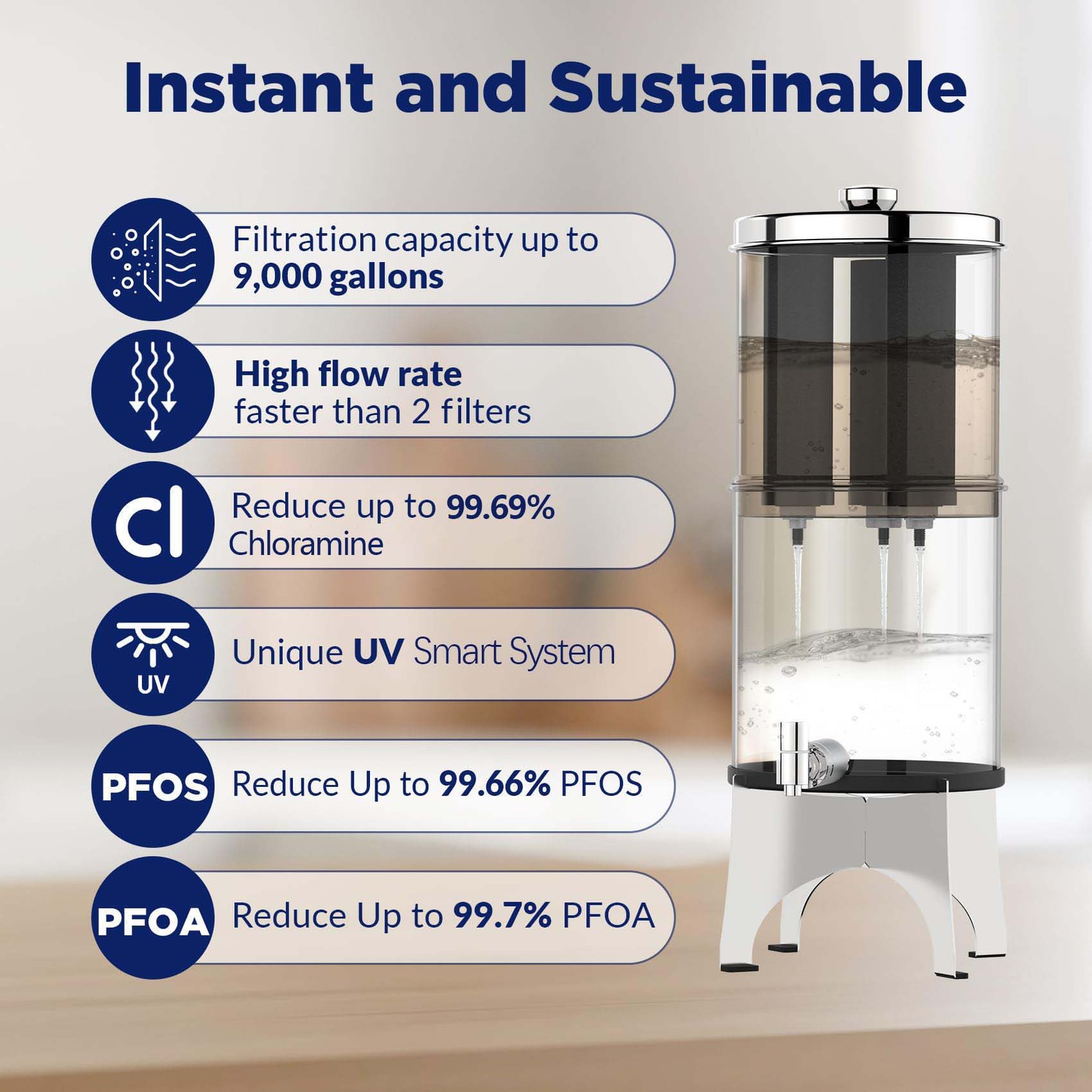 WaKiWaKi Gravity-fed Water Filter System, Metal Spigot & Stand, with 3 Filters