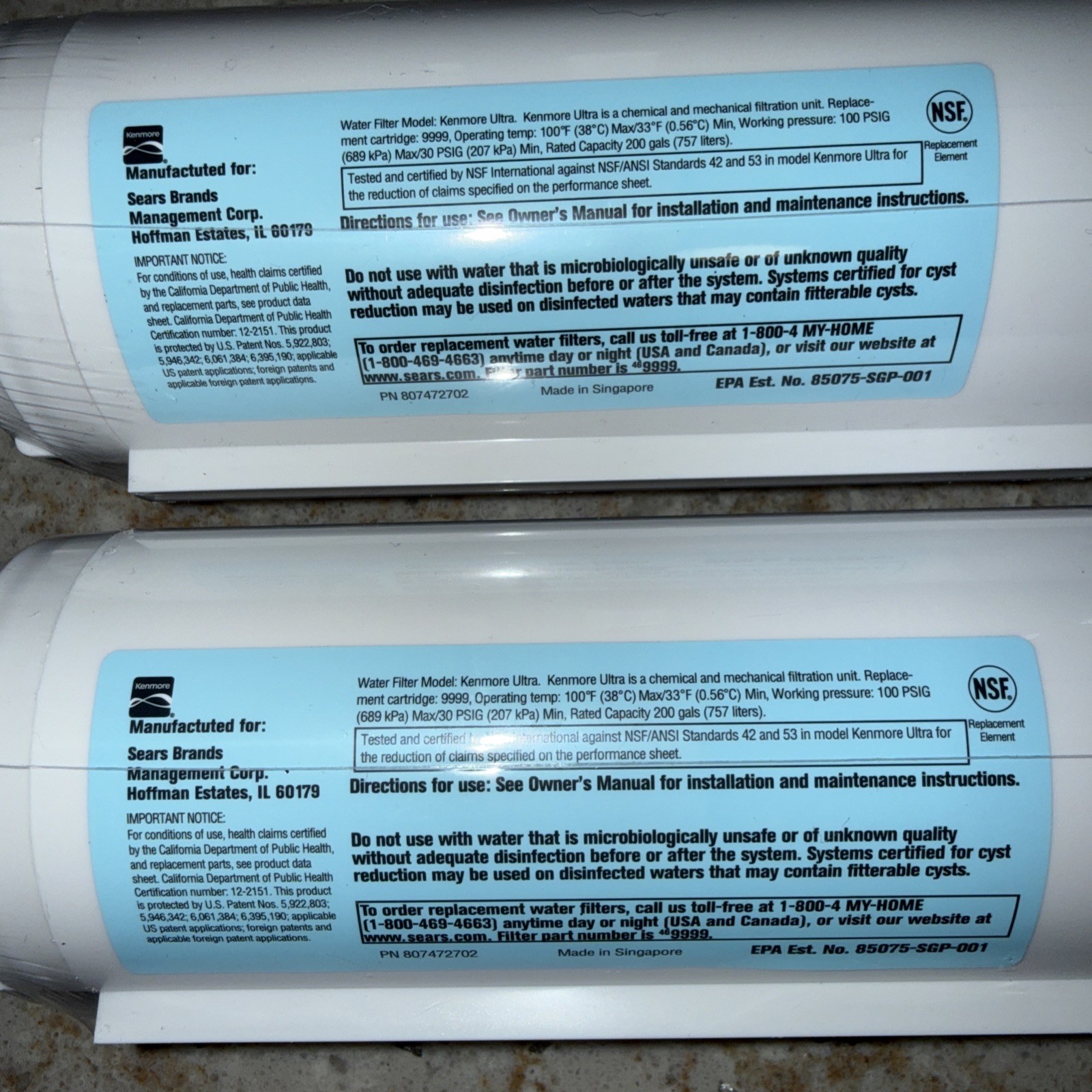 2 Pack Kenmore 46-9999 9999 Replacement Refrigerator Water Filter, White USA New