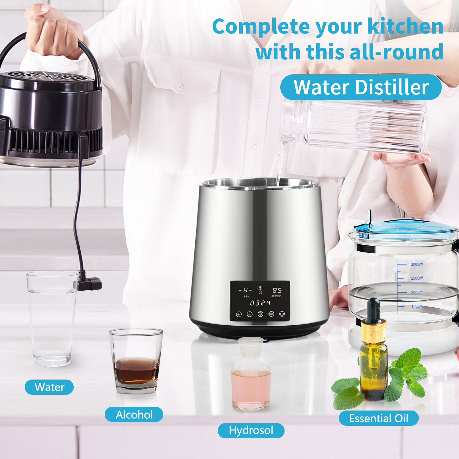 VEVOR 4L Water Distiller Distilled Water Maker 1 L/H w/ Timing Dual-Temp Silver
