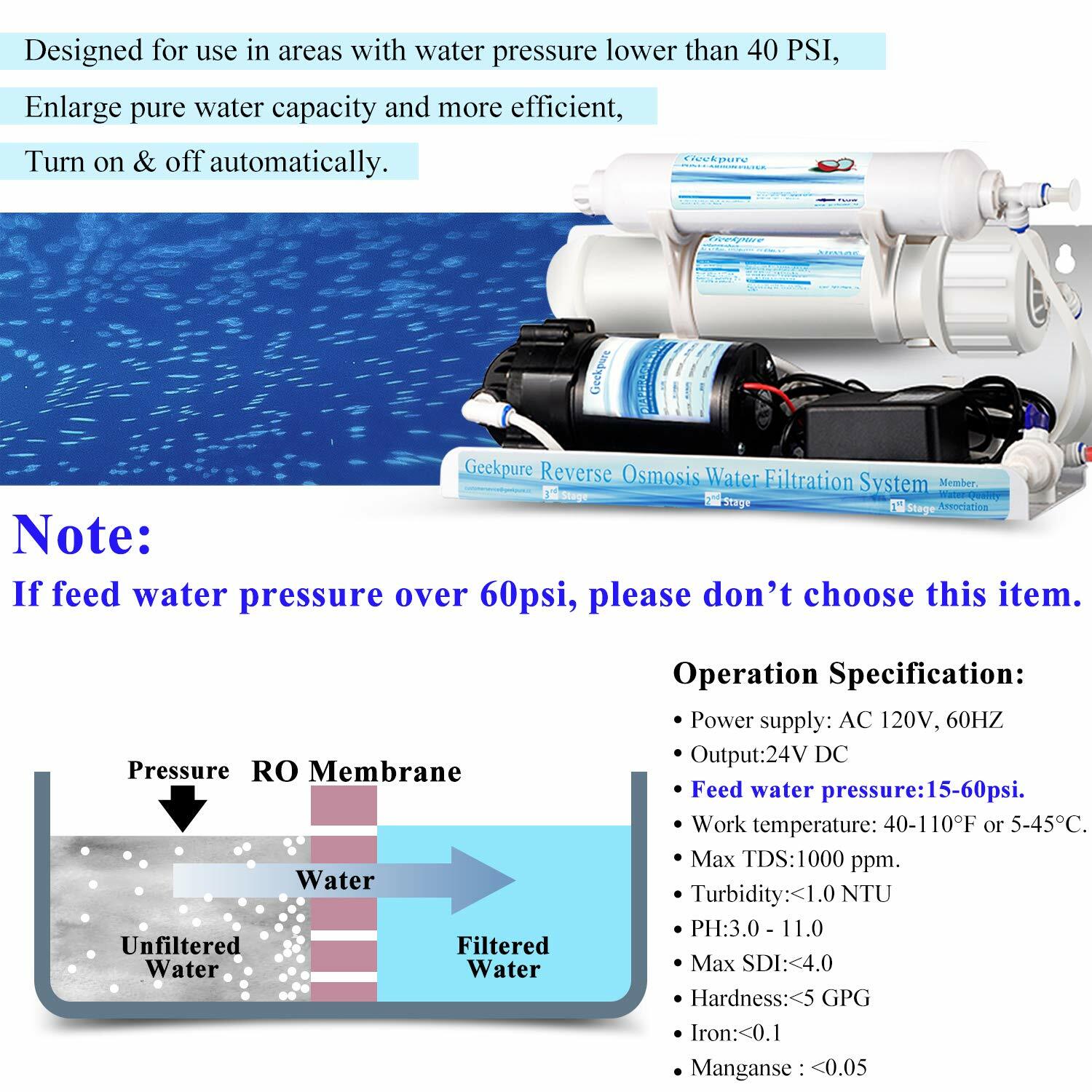 Geekpure 5 Stage Reverse Osmosis Water Filter System with Booster Pump 75 GPD