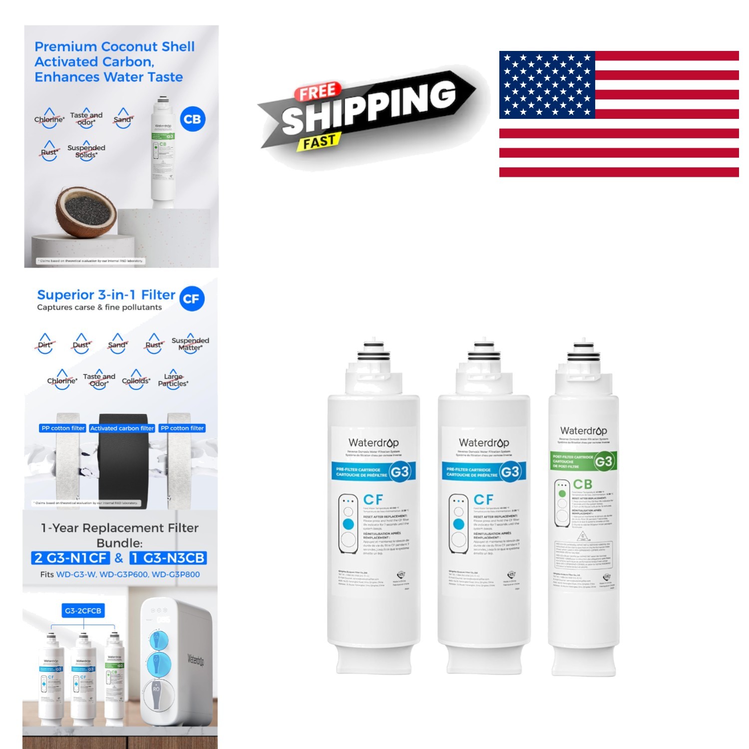 Under Sink Water Filter Combo Pack of 2 G3 N1CF and 1 G3 N3CB for TDS Reduction
