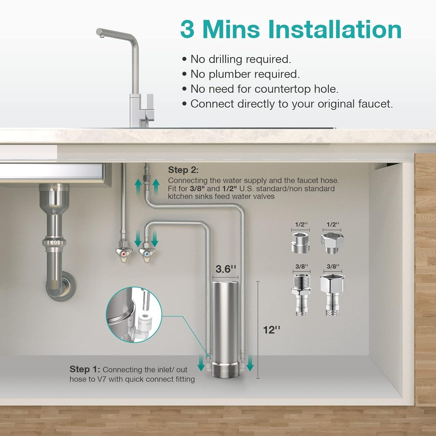V7 Under Sink Water Filter System, 20000 Gallons, Reduces 99% Lead, Chlorine