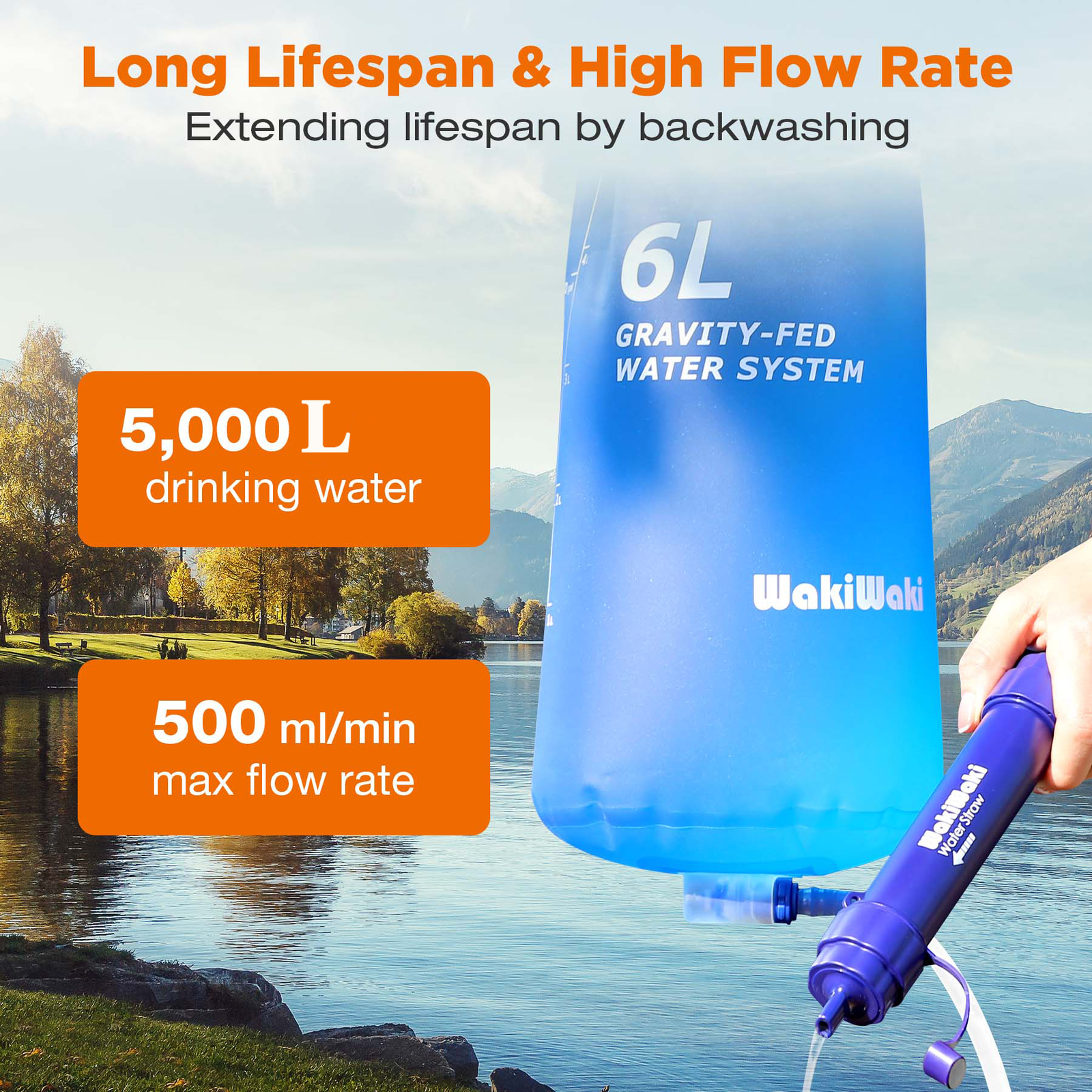 6L Gravity Water Filter Straw Bag Drinking Purifier Outdoor Camping Emergency