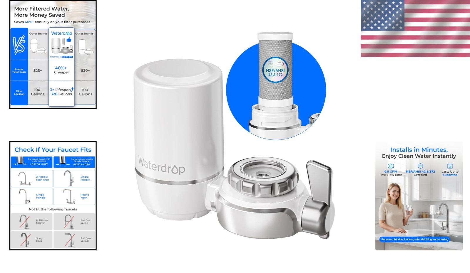 Water Filter for Kitchen Sink NSF Certified Reduces Chlorine Lead Free Material