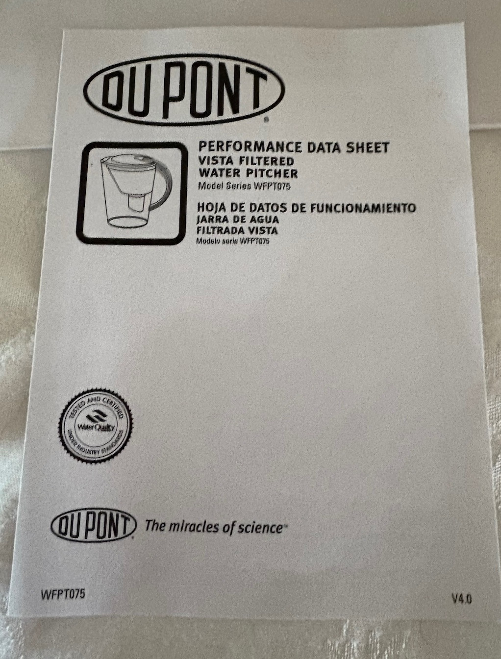 Dupont WFPT075X Vista Water Pitcher with 40 Gallon Filter Cartridge NEW