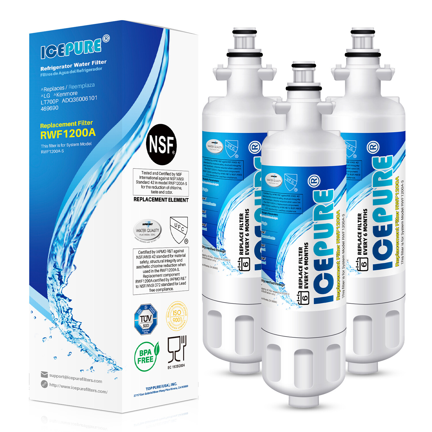 3PACK Fit For LG LT700P ADQ36006101 kenmore 469690 rwf1200A Icepure Water Filter