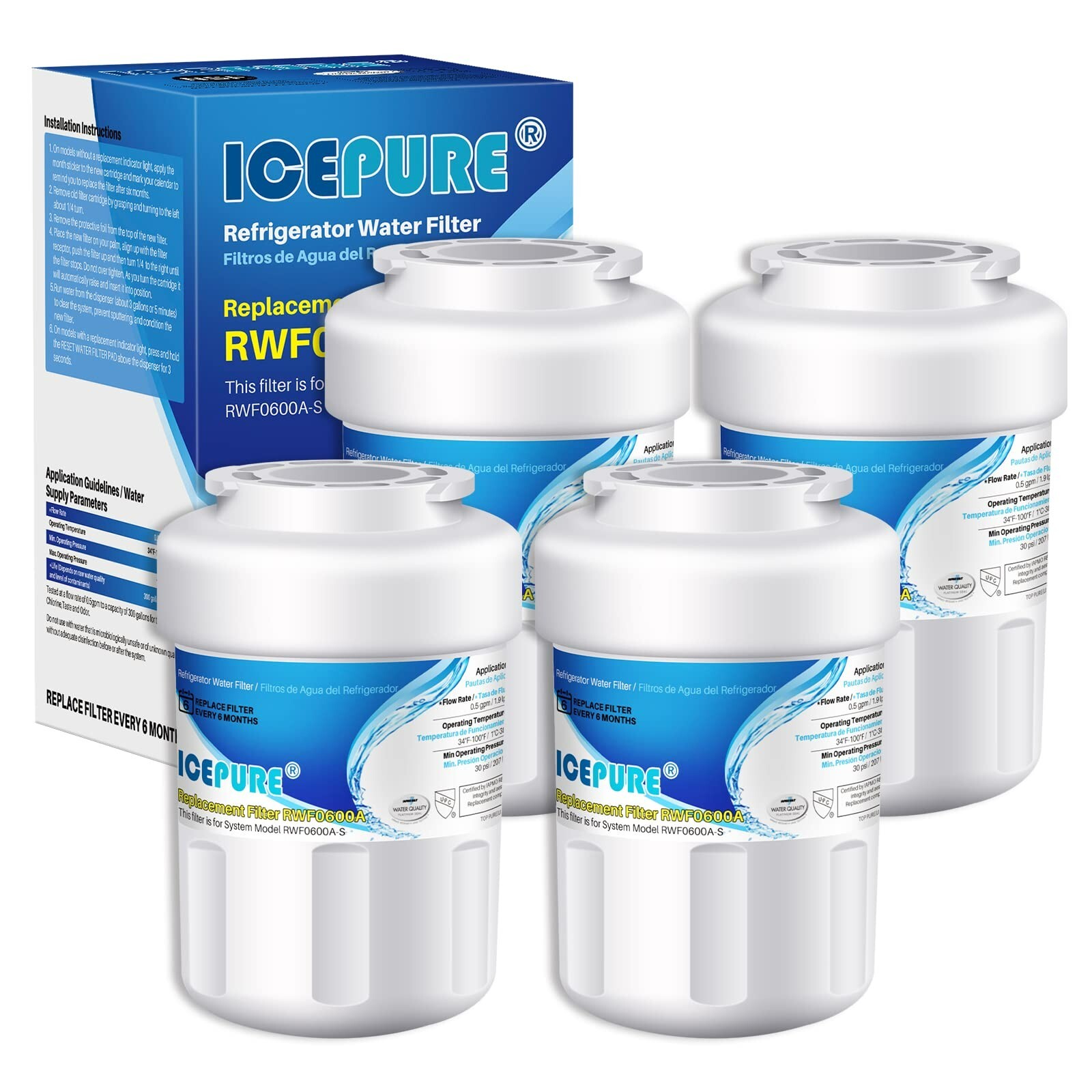 4 Pack Fit For RWF1060 197D6321P006 Kenmore 9991 Fridge Water Filter Icepure