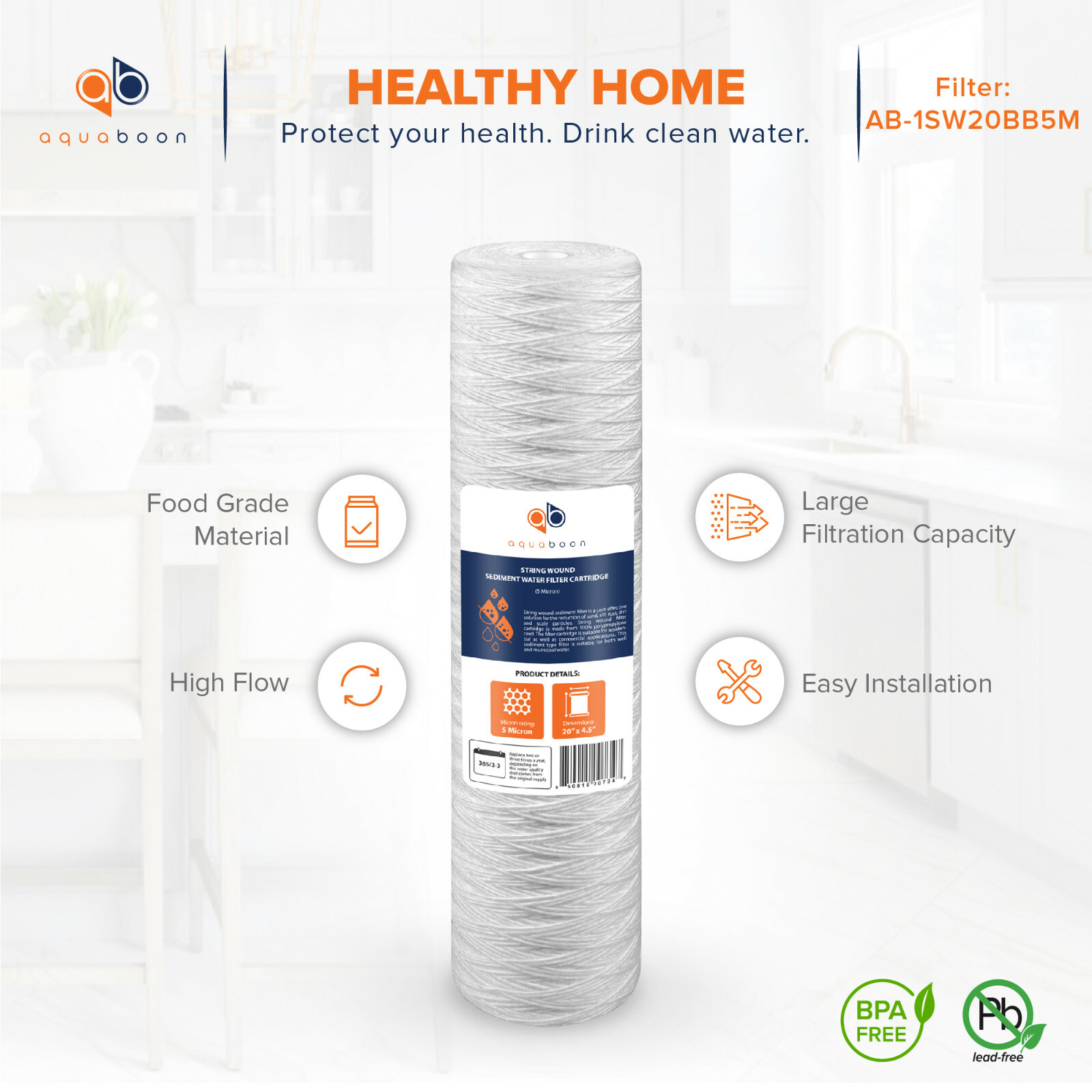 2PK of 20″ Big Blue String Wound Sediment Water Filter Cartridge 5µm by Aquaboon