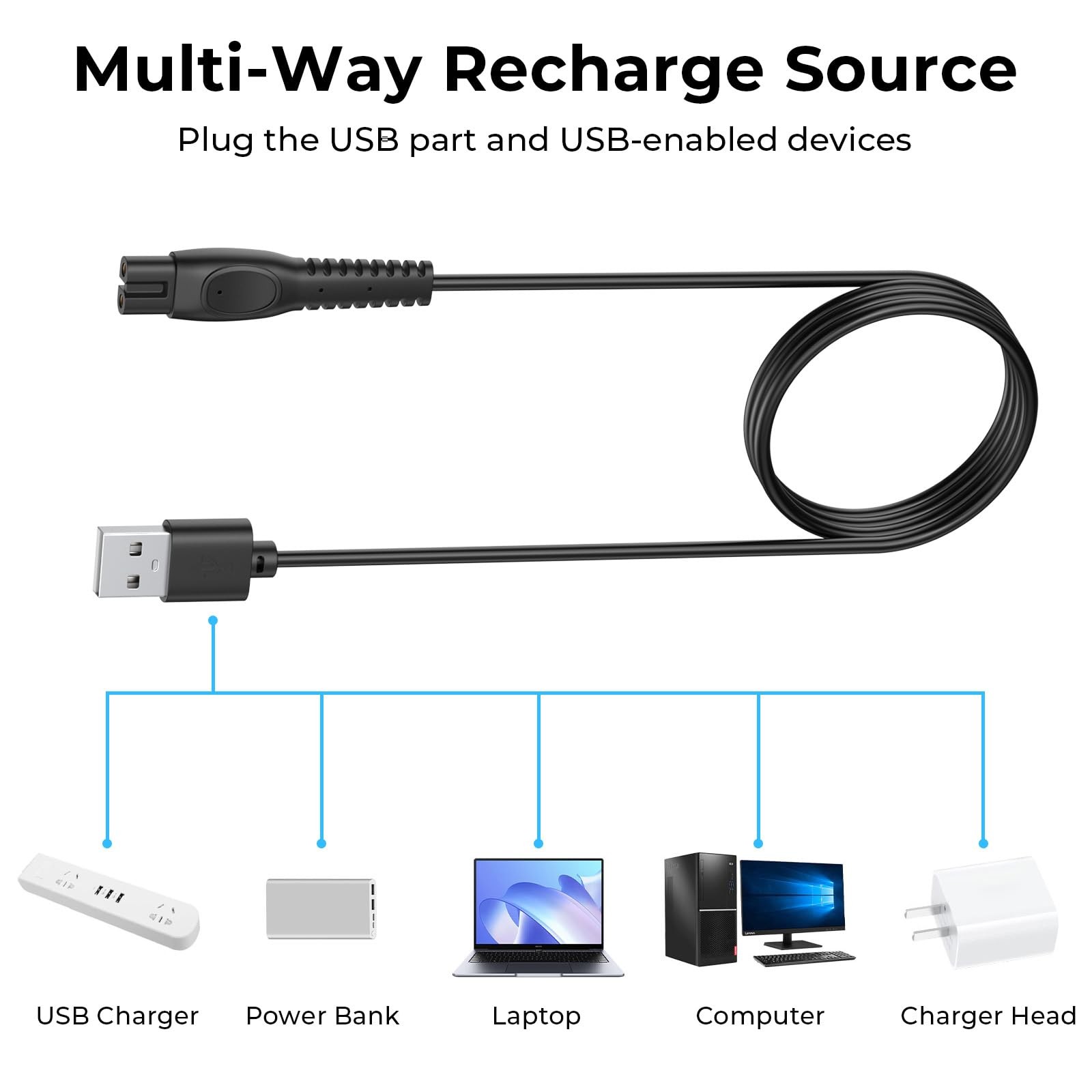 Charging Cable for Philips Sonicare Cordless Power Flosser 3000 Black